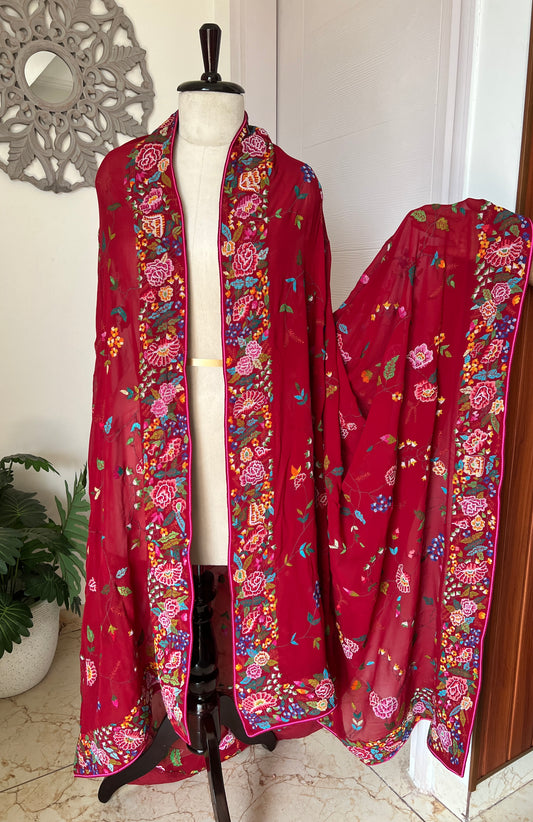 Deep Red Masterpiece Petit Point Hand Embroidered Dupatta
