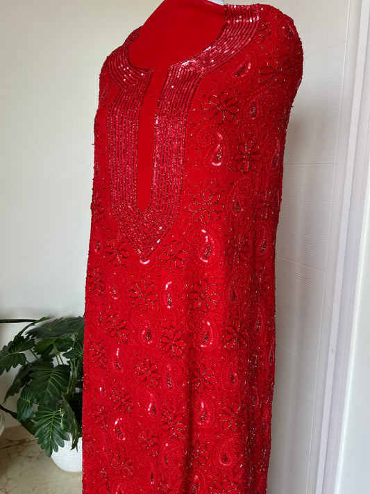 Red Chikankari cut dana sequins work kurta and dupatta