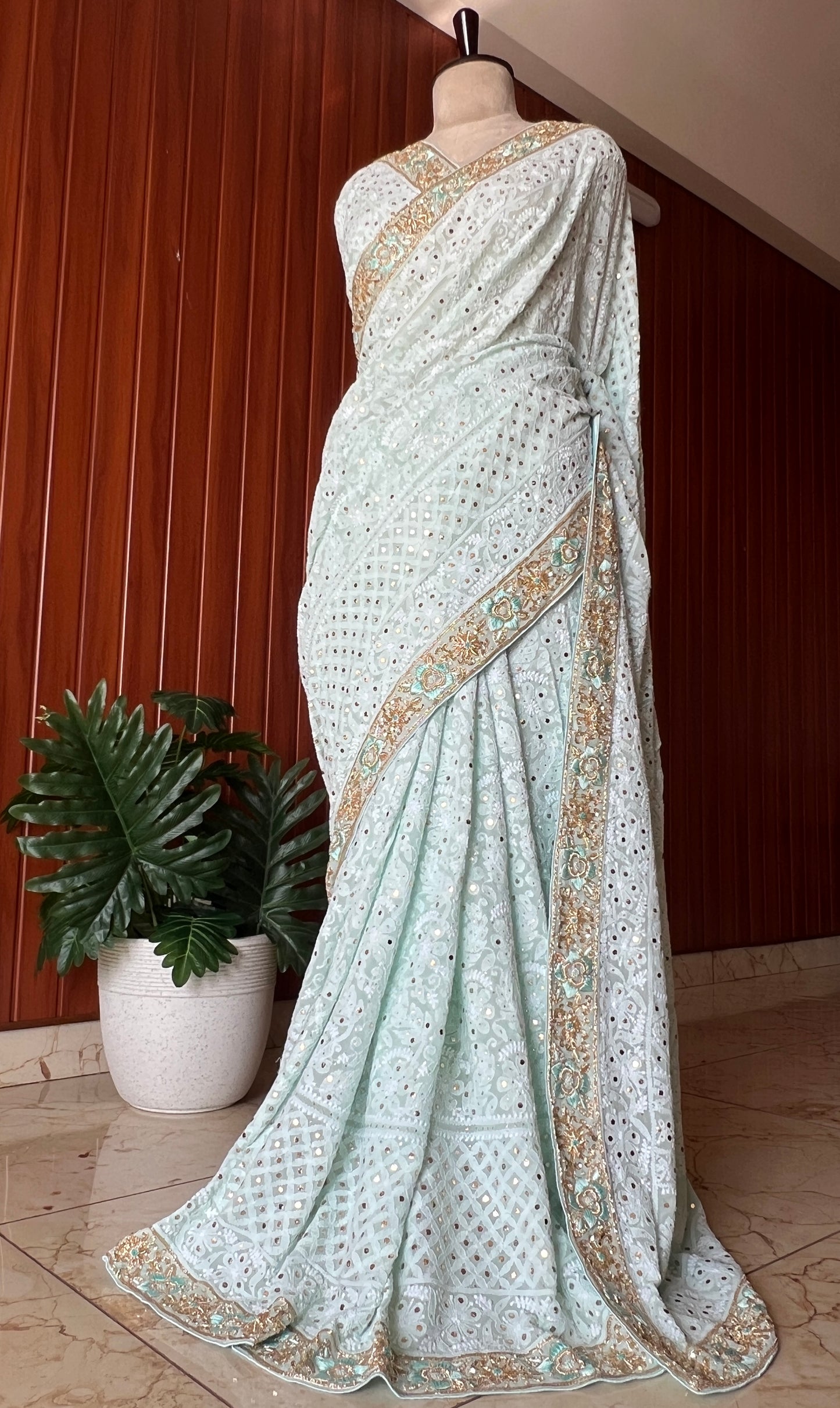 Ruhani Firozi Chikankari and Mukaish Saree with designer border