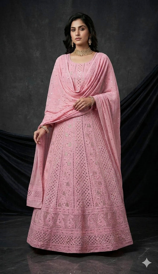 Pink allover Chikankari and mukaish anarkali with dupatta