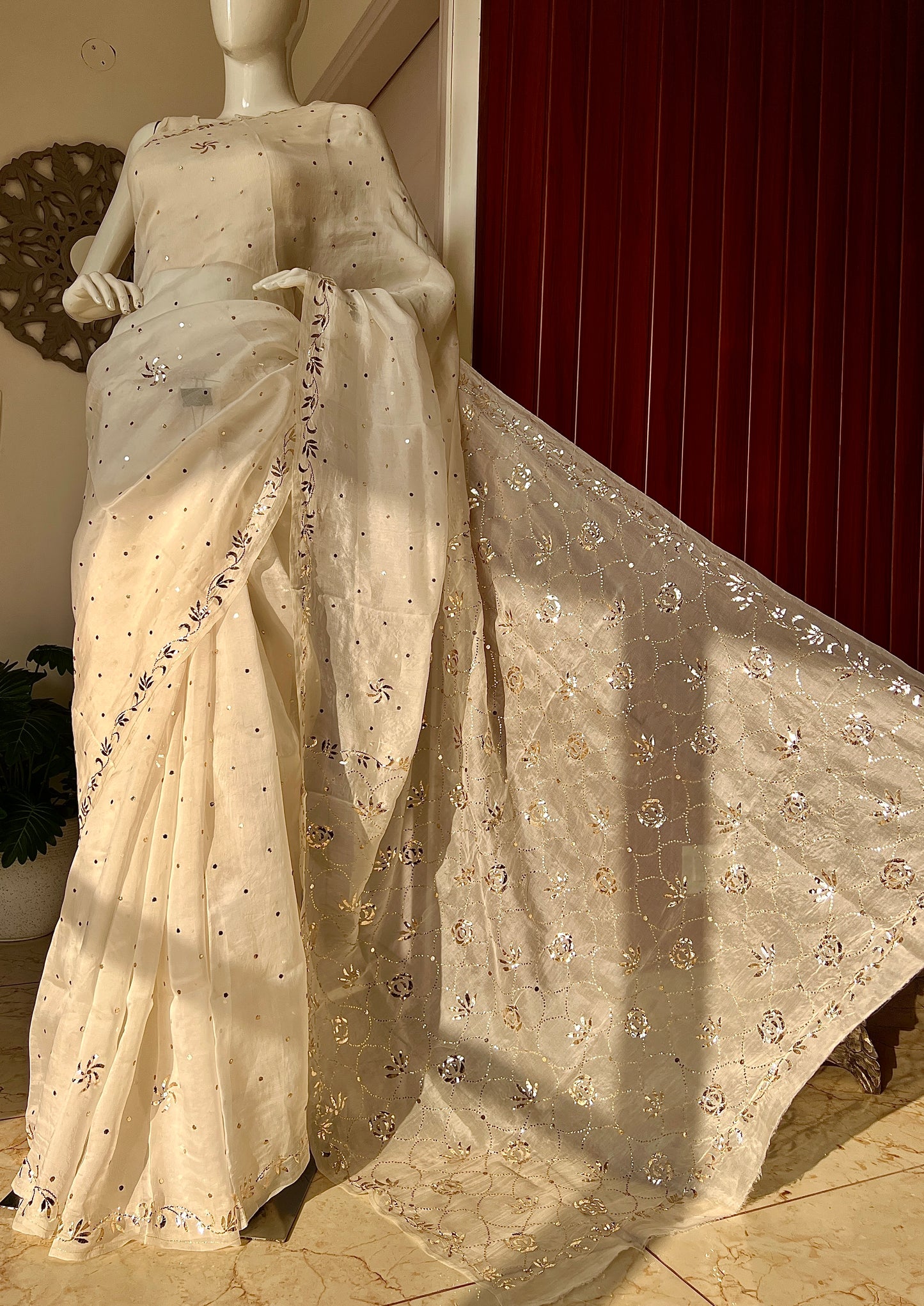Ivory Pure Organza Saree with Badla and Mukaish Work