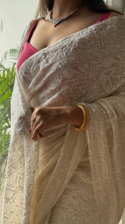 Suhaan Ivory Chikankari Do Taar Saree