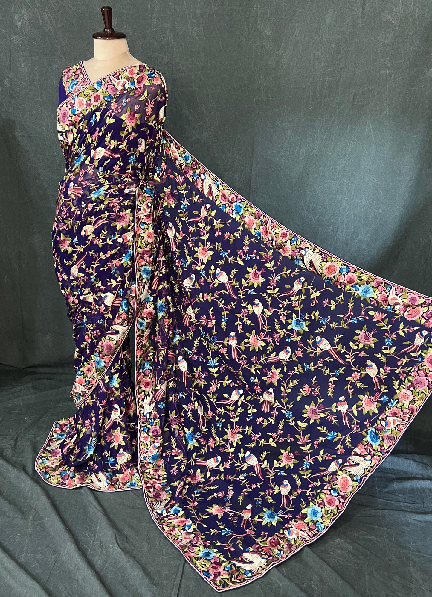 Indigo Blue Masterpiece Parsi Gara Pure Georgette Saree