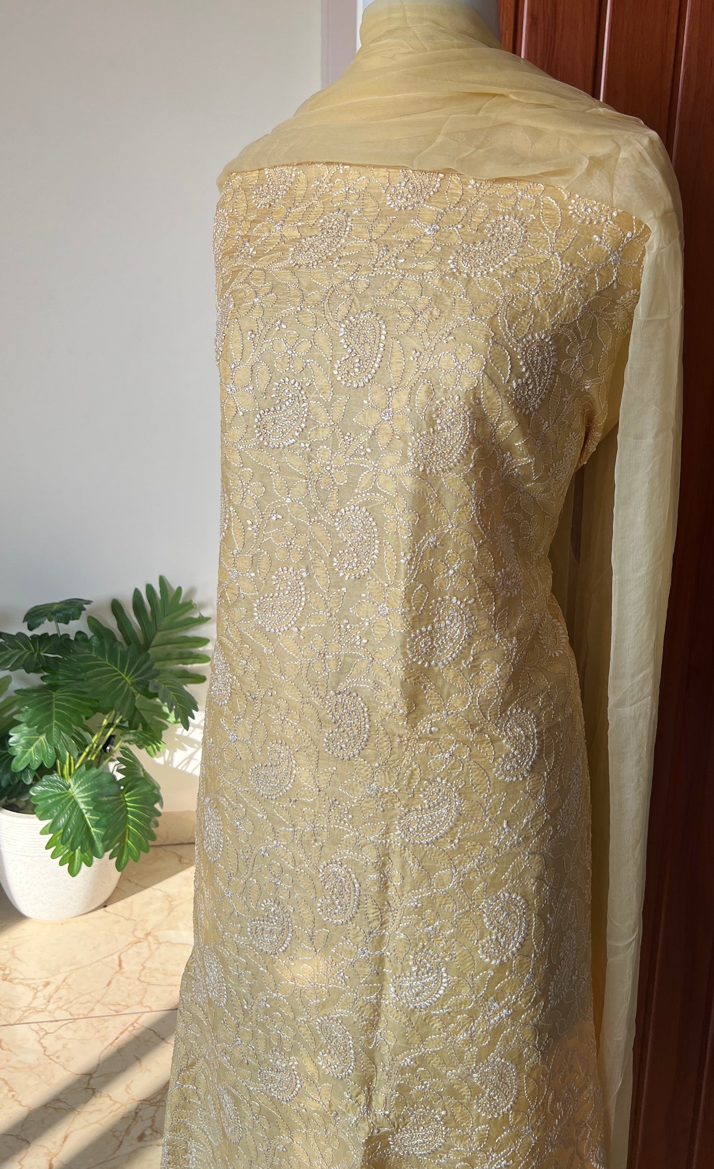 Tussar silk Chikankari embroidered kurta with chiffon dupatta