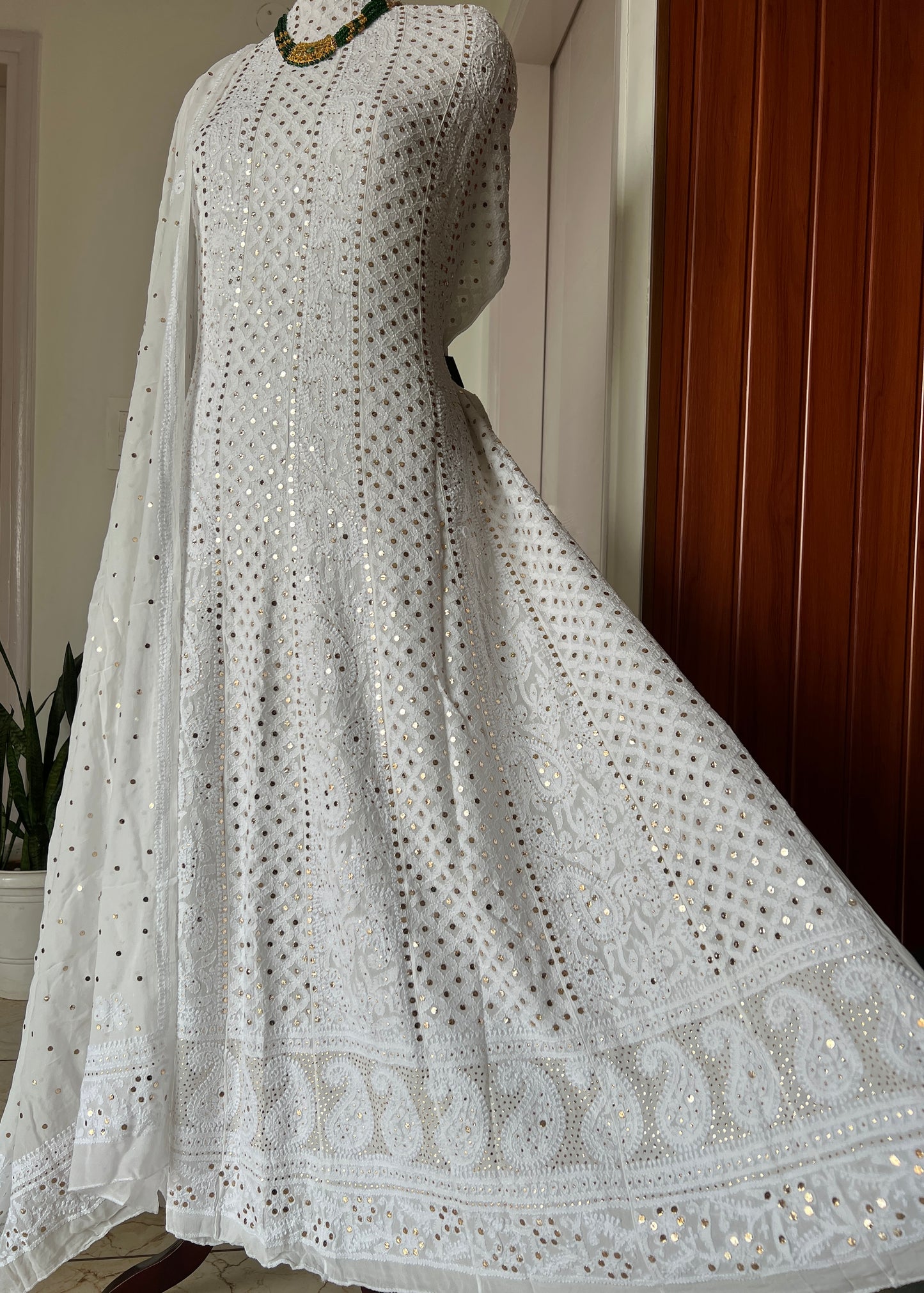 White allover Chikankari and mukaish anarkali with dupatta