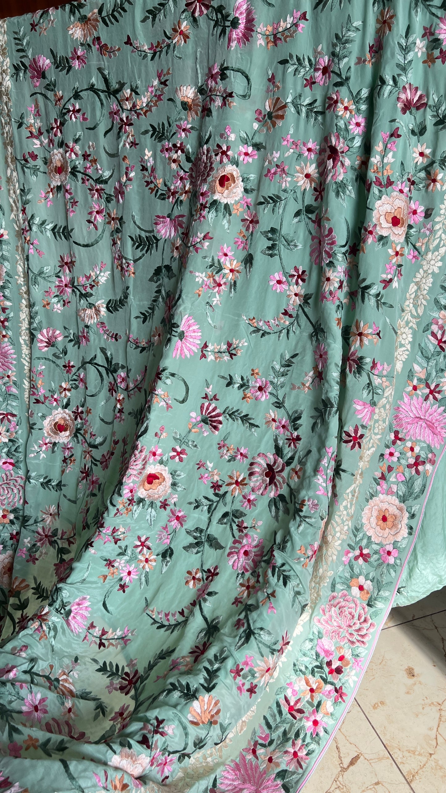 Mint Green Masterpiece Parsi Gara Pure Crepe Saree