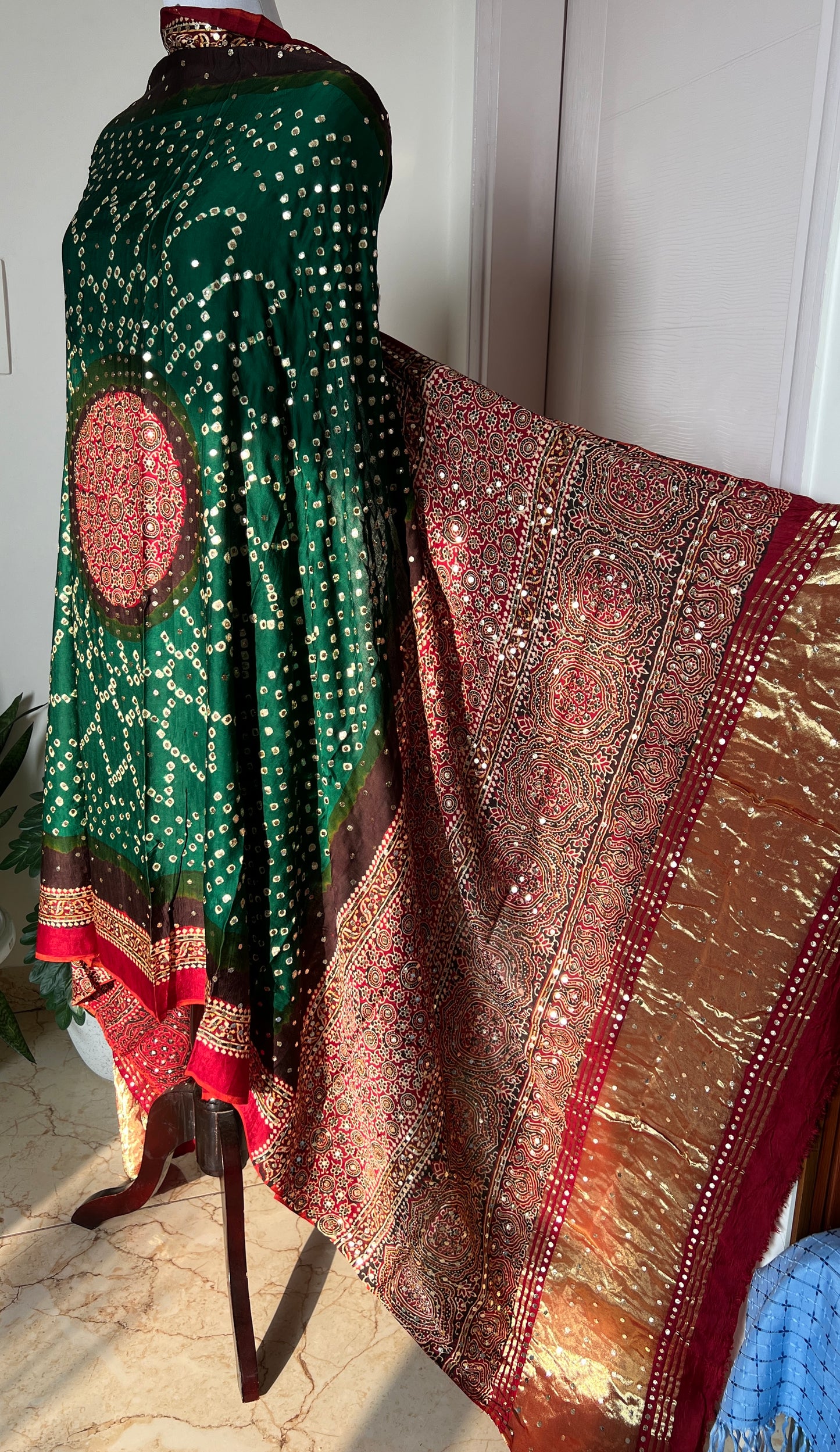 Green modal silk ajrakh and bandhej dupatta with heavy mukaish