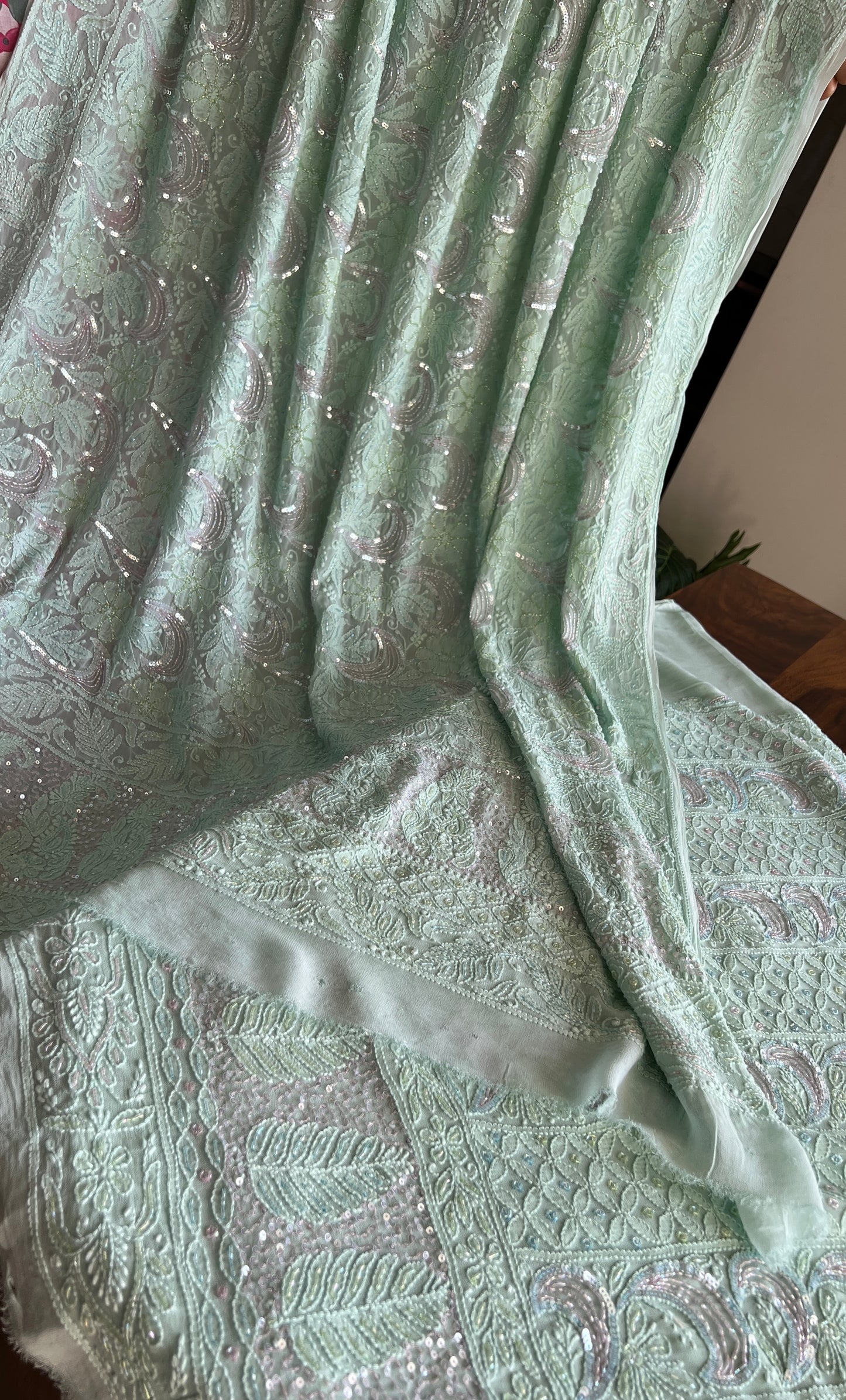 Mint Green Chikankari multi cut Dana and Sequins work Kurta with Jaal Dupatta