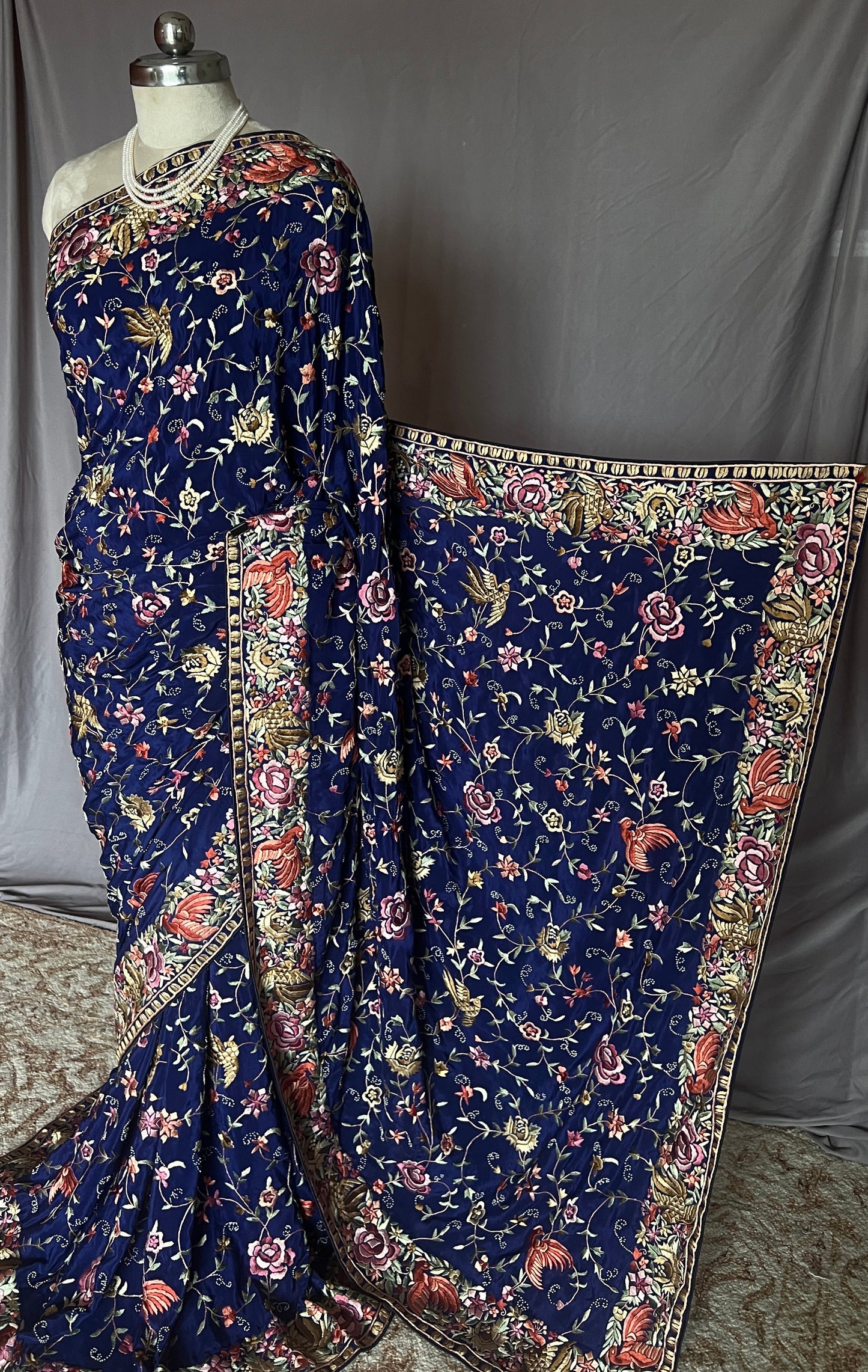 Navy Blue Masterpiece Parsi Gara Pure Crepe Saree