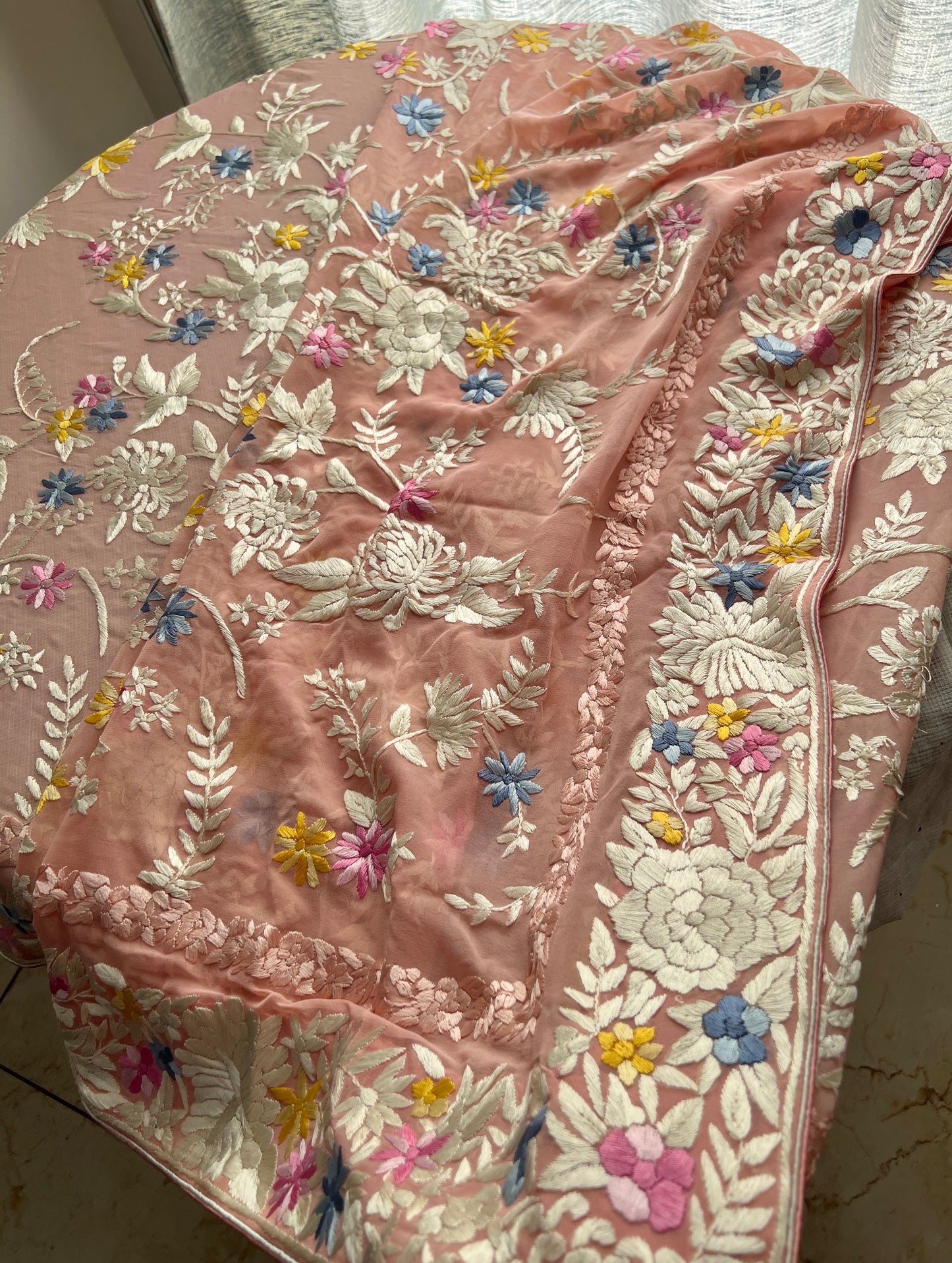 Blush Peach masterpiece Parsi Gara Dupatta Hand Embroidered