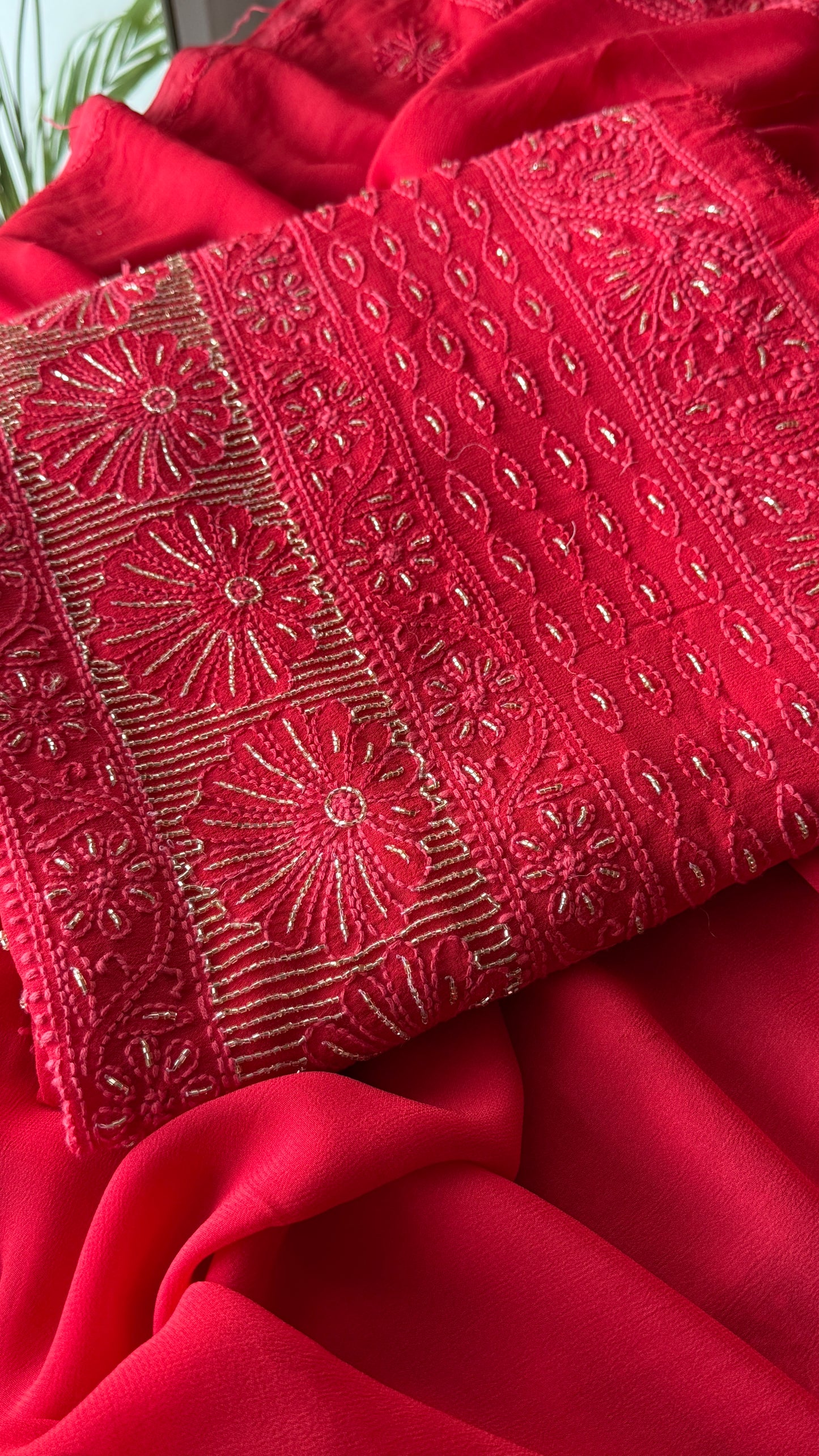 Gajri Red Chikankari golden Cut Dana and aari work Kurta and Dupatta