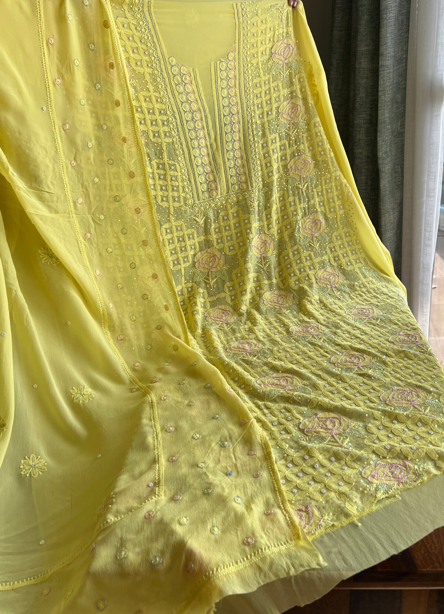 Ruhani Bright Yellow Chikankari pearl cut dana Kurta and Dupatta