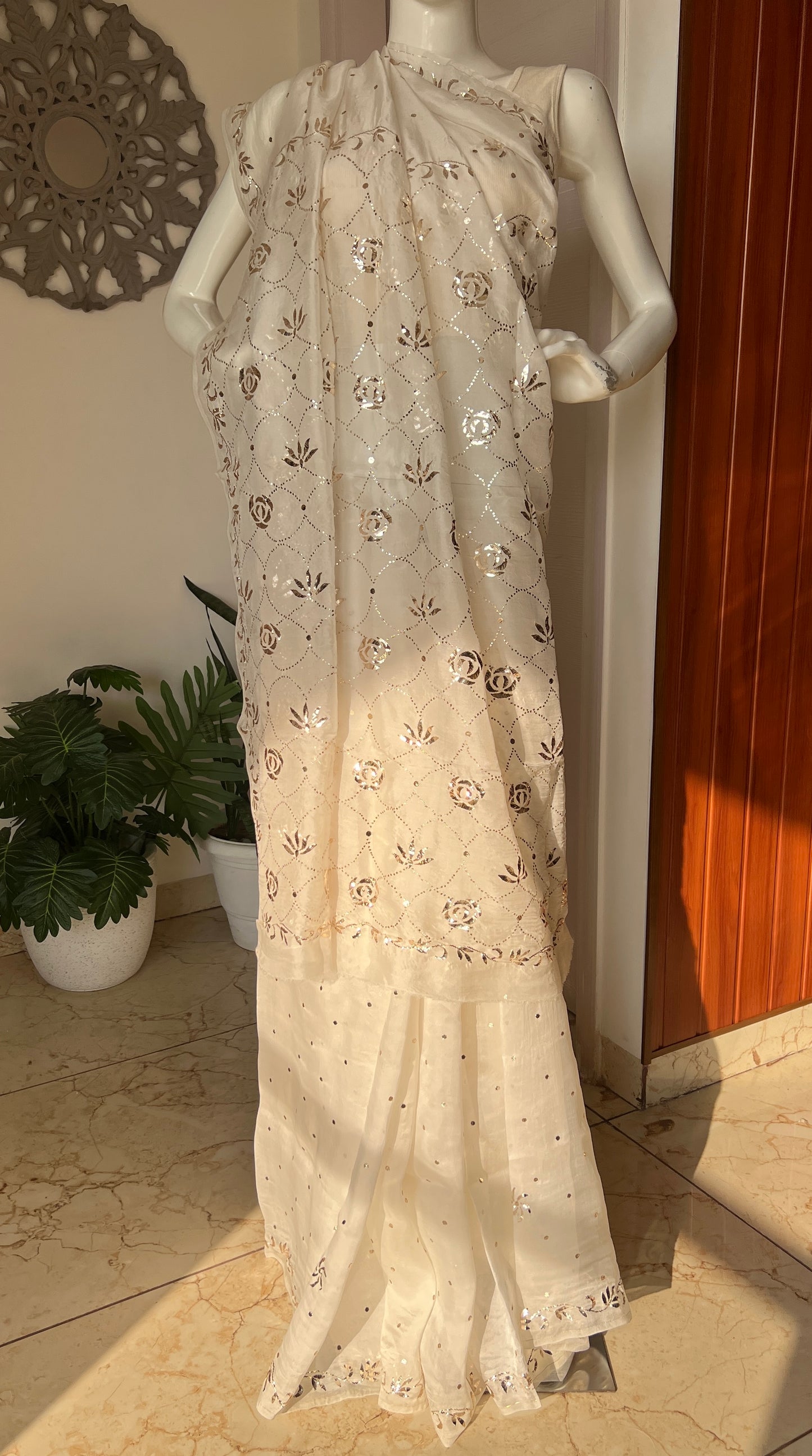 Ivory Pure Organza Saree with Badla and Mukaish Work