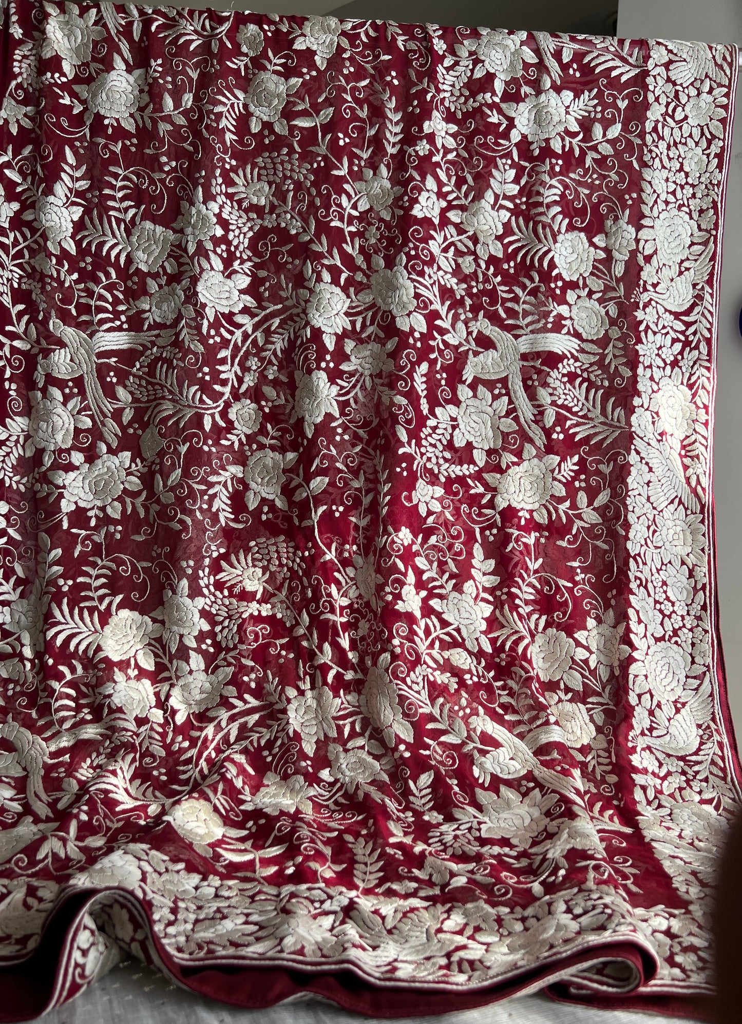 Ruby Red Masterpiece Heavy Parsi Gara Hand Embroidered Dupatta