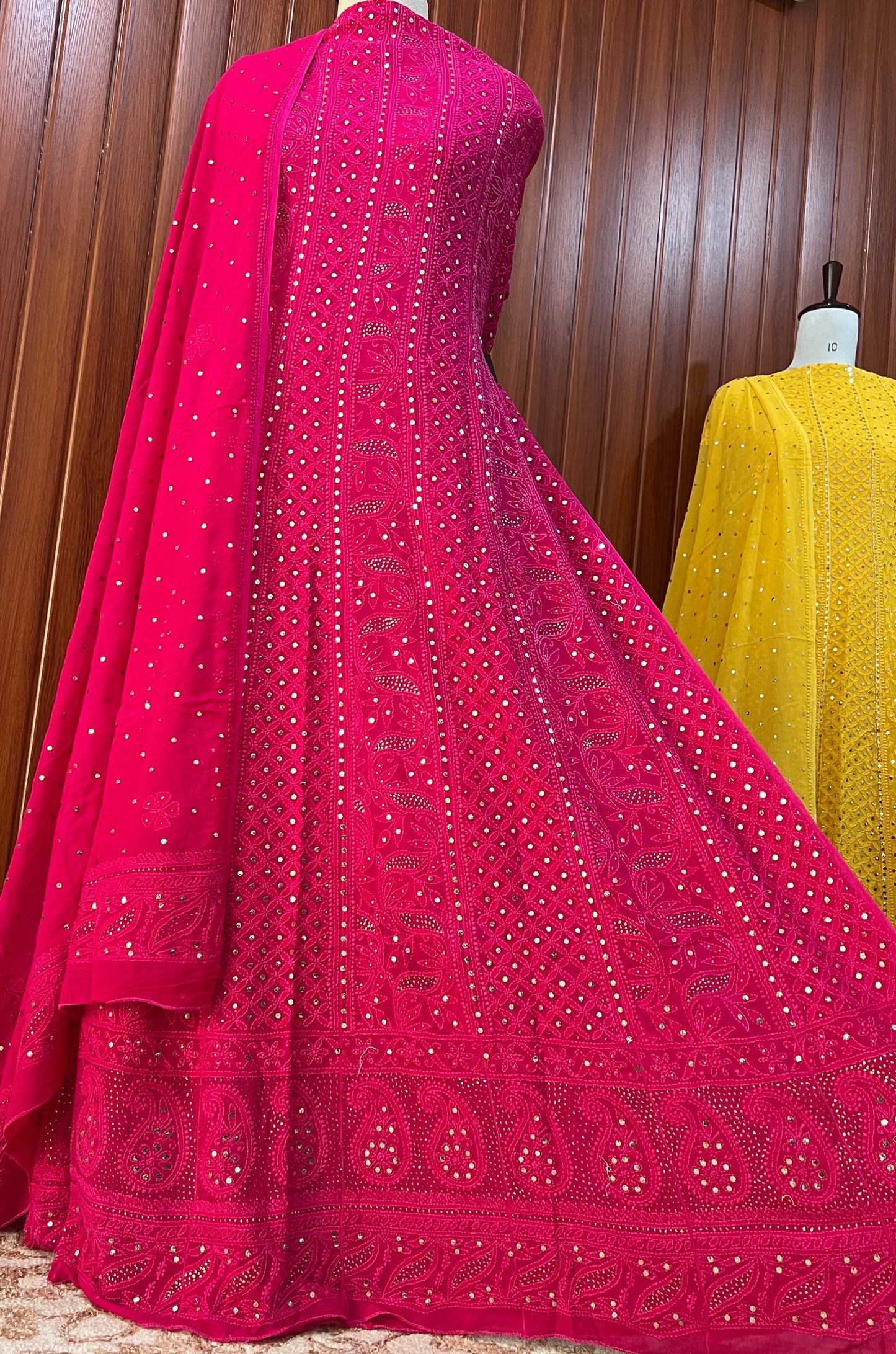 Hot Pink allover Chikankari and mukaish anarkali with dupatta