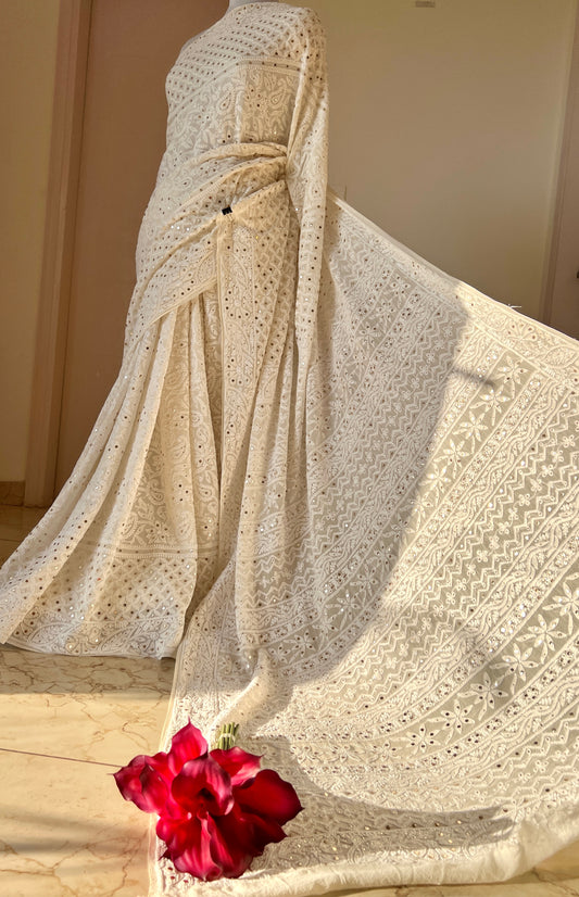 Ivory Ruhani Allover Designer Chikankari and Mukaish Saree