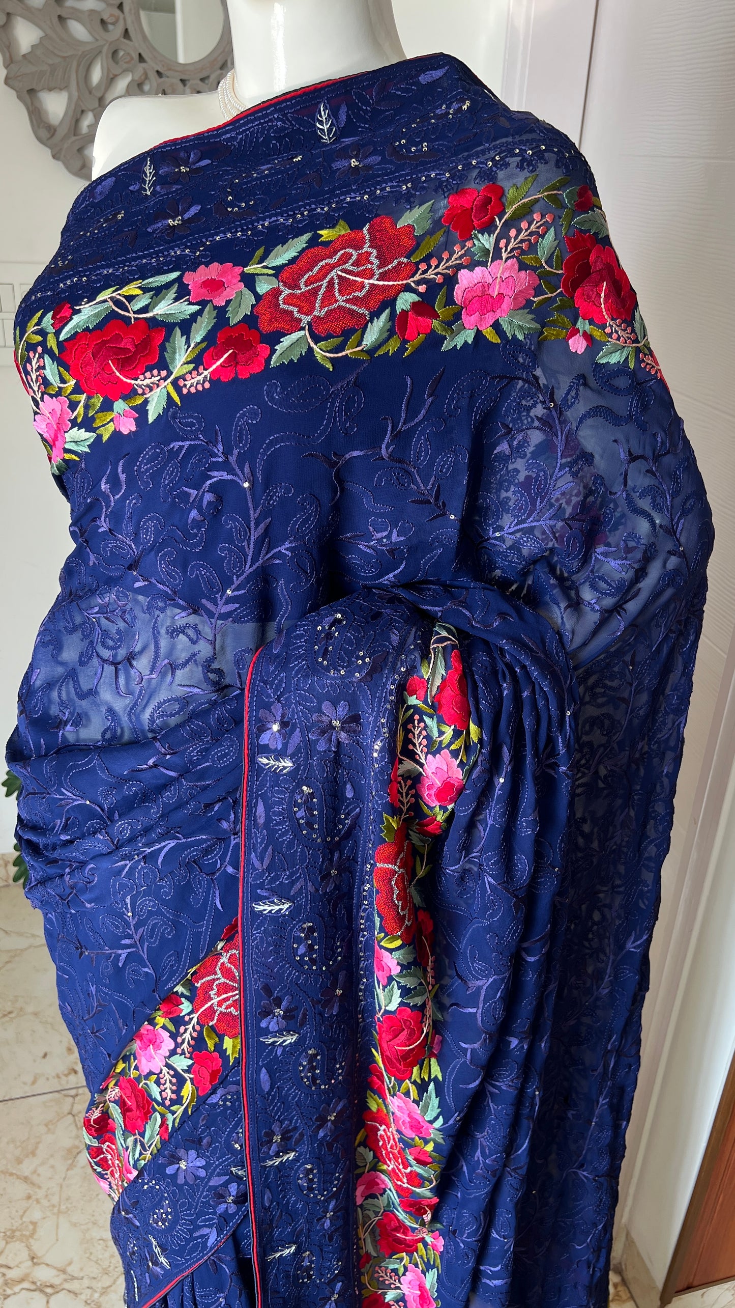 Navy Blue Pure Georgette saree with allover Parsi gara and french knot hand embroidery