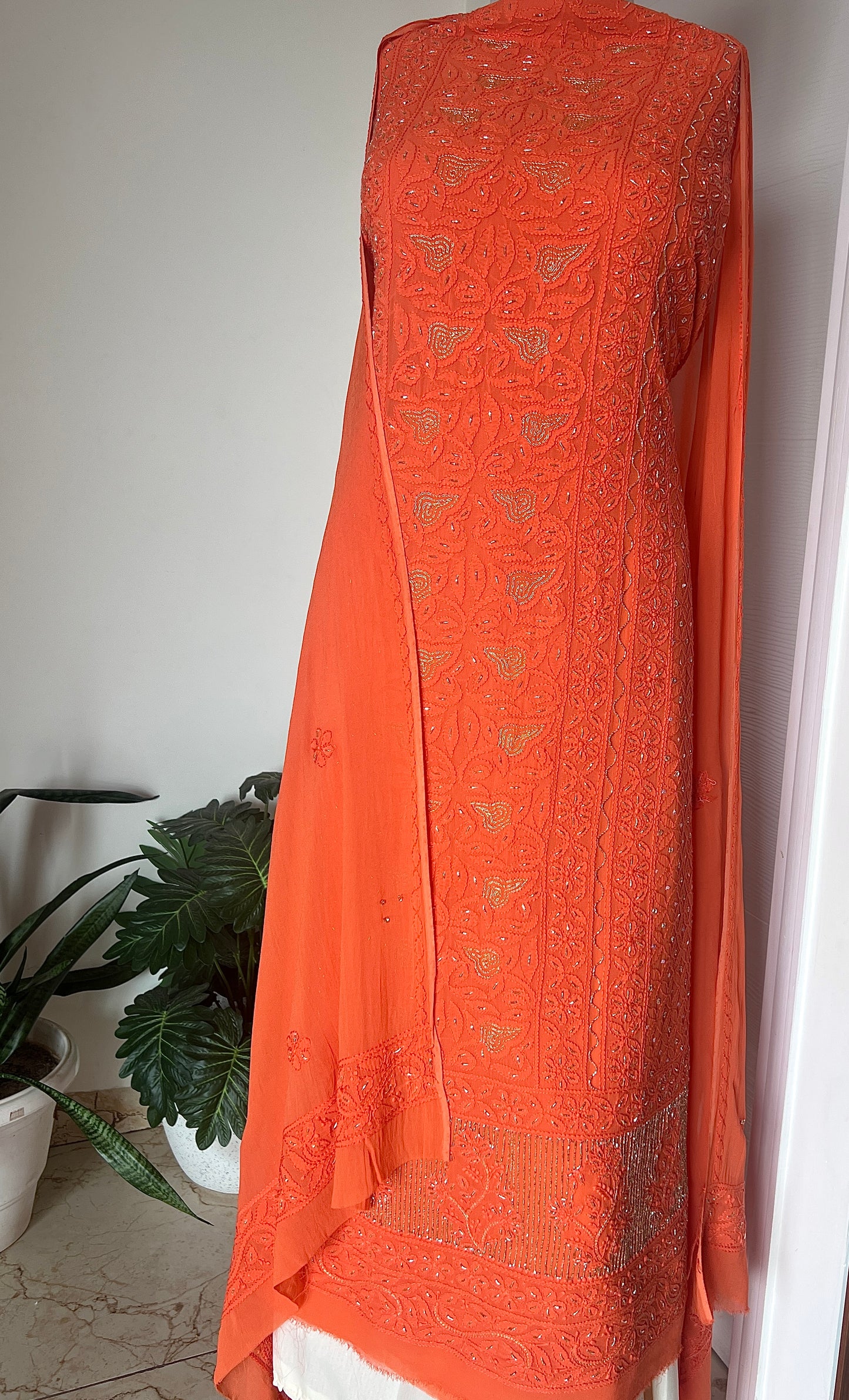 Chikankari golden Cut Dana and aari work Kurta and Dupatta