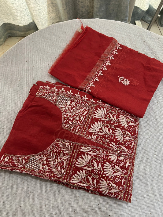 Rust Mul Chanderi Anarkali with chikankari and cut Dana sequins