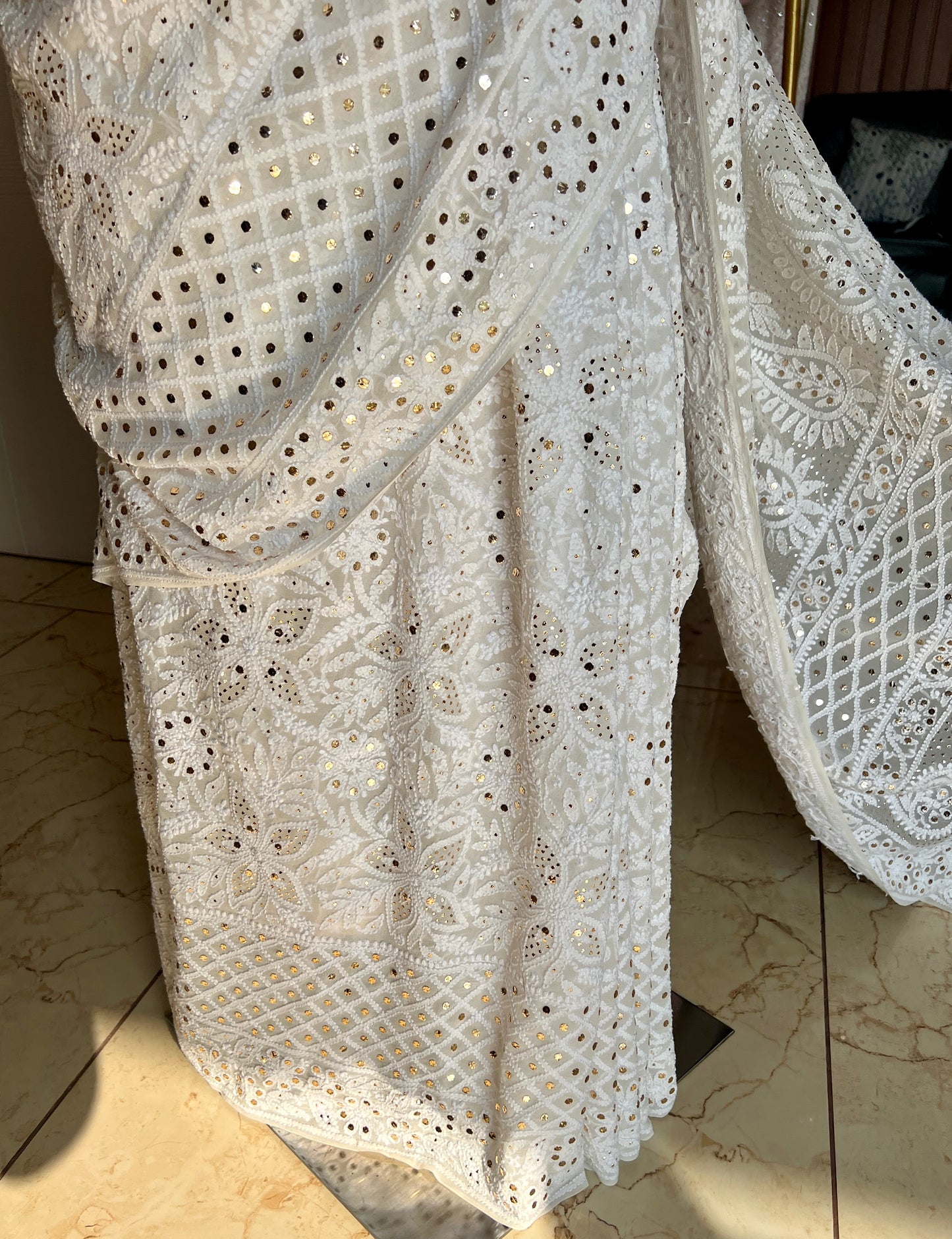 Ruhani Ivory Allover Designer Chikankari and Mukaish Saree