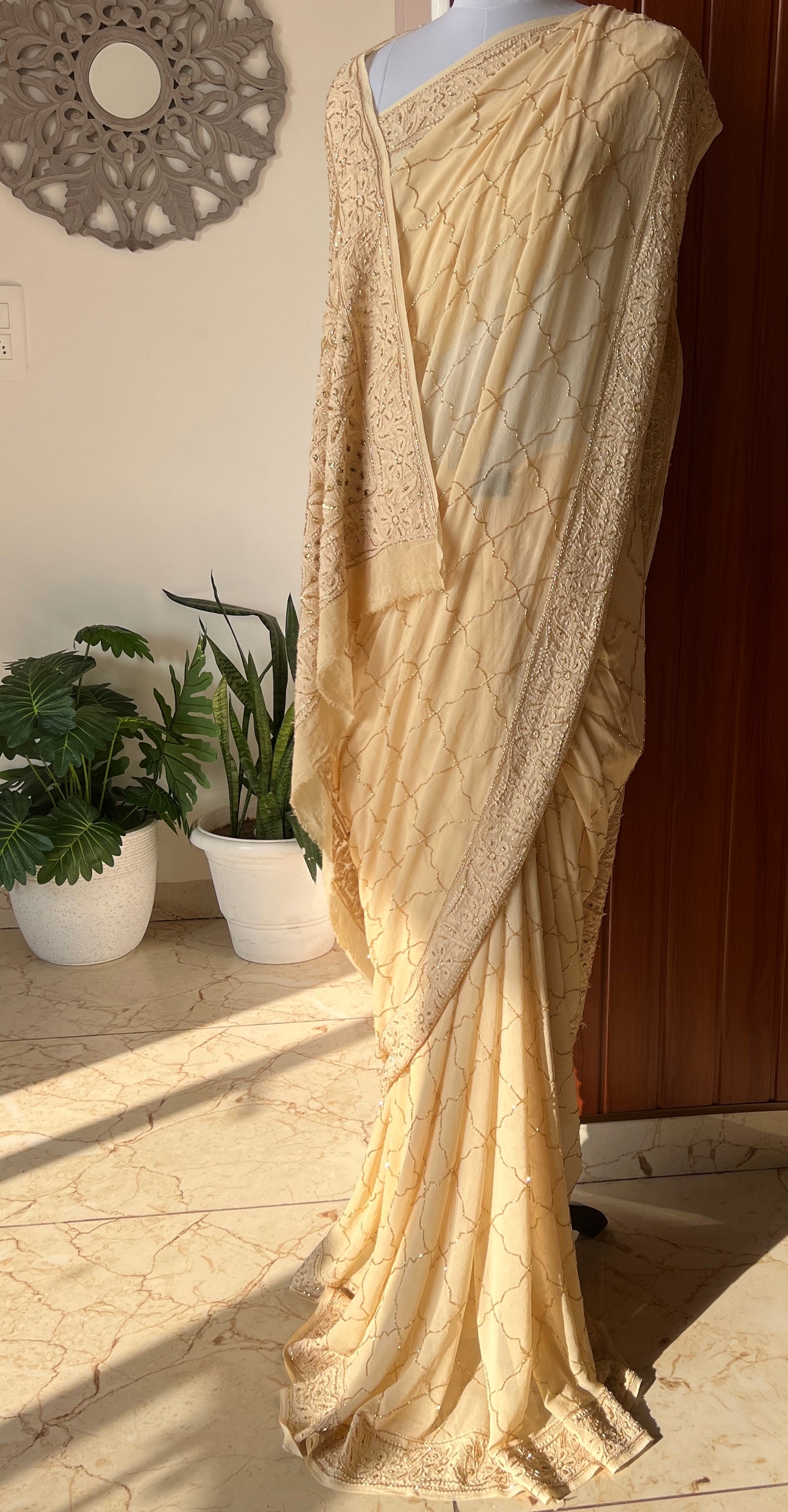 Ruhani Golden Chikankari Cut Dana and sequins Saree