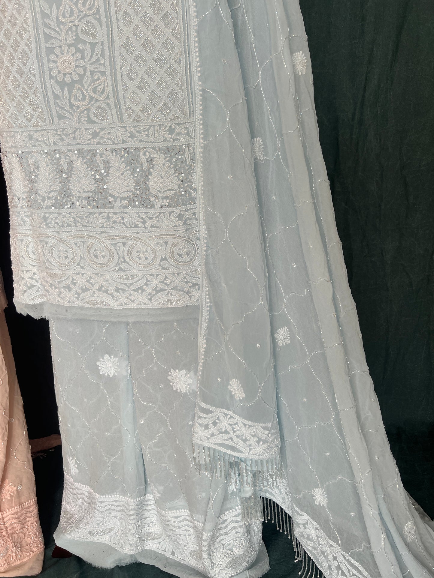 Sky Blue Chikankari cut dana and pearl work full suit