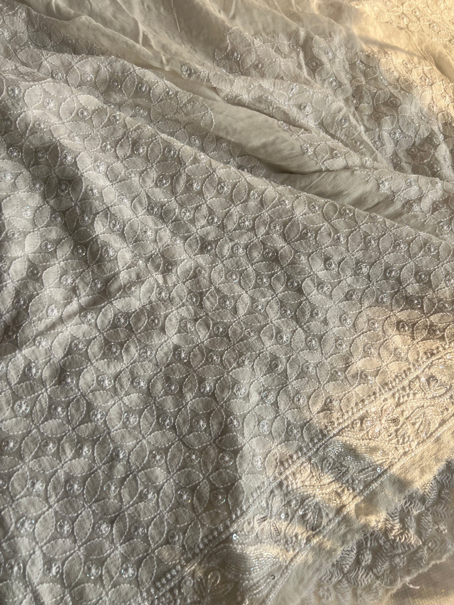 Ivory Pure Georgette Allover Chikankari and Cut dana sequins Men's Kurta Fabric