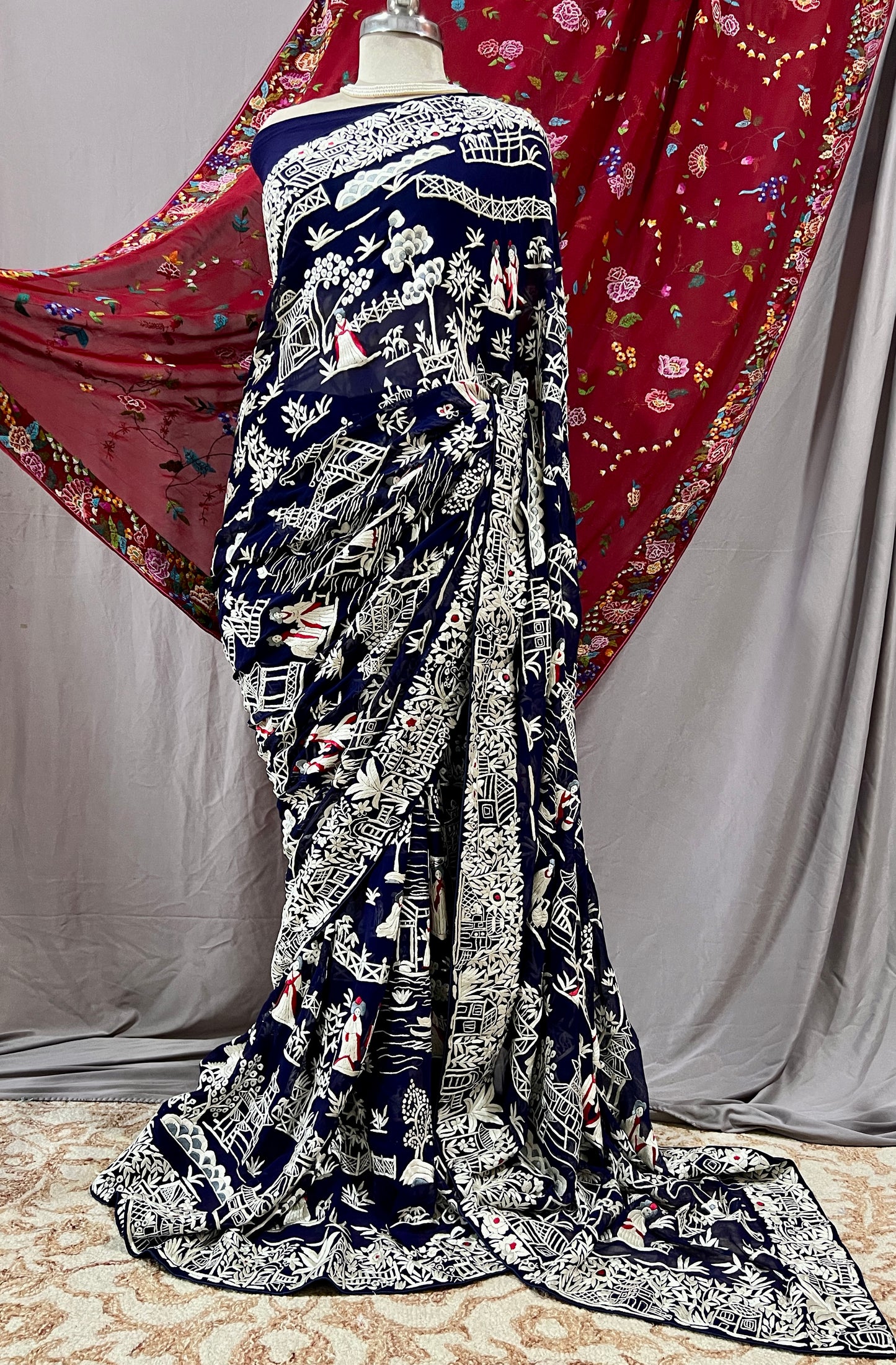 Navy Blue Masterpiece Chinese pattern Parsi Gara Pure Georgette Saree