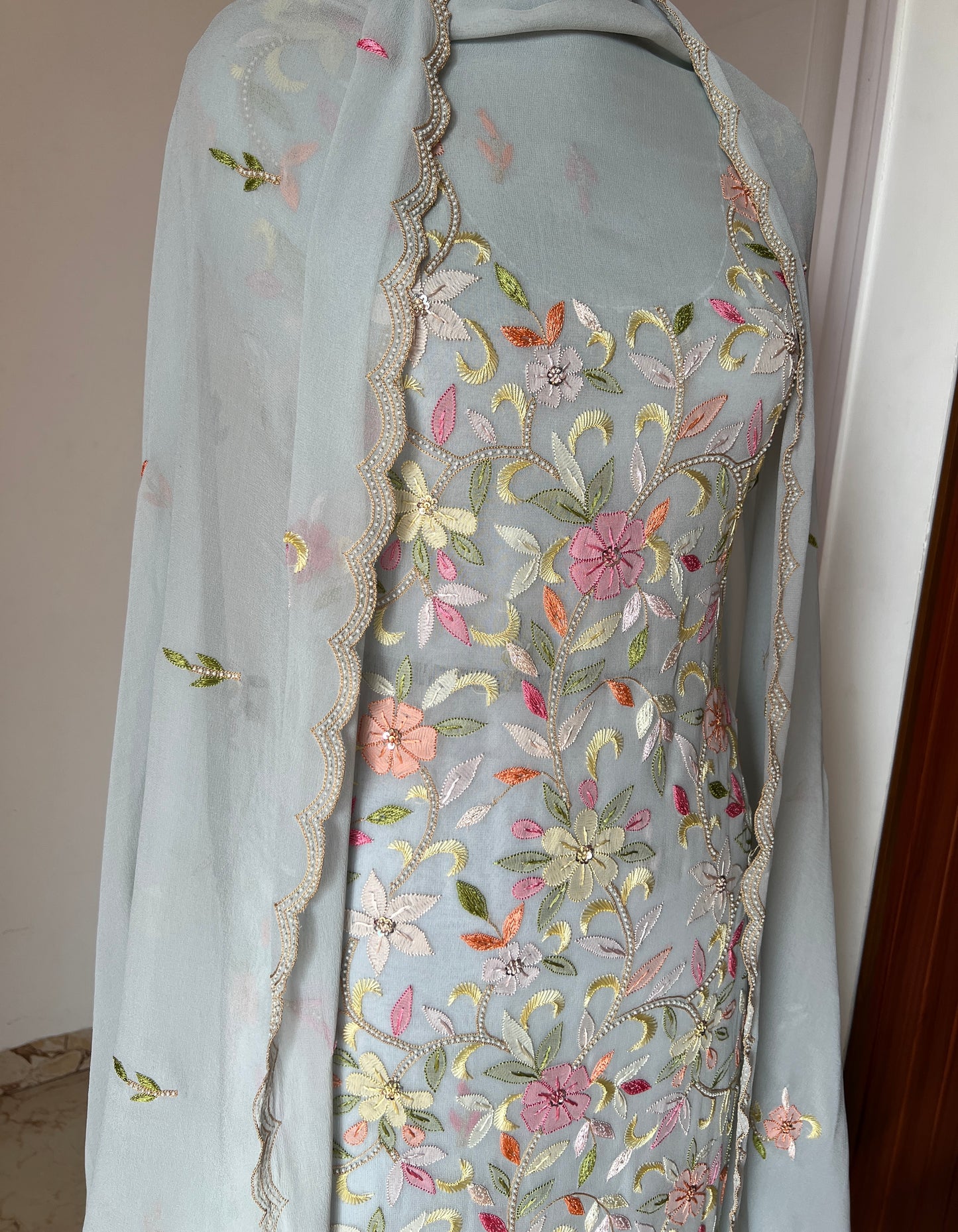 Ice Mint Resham Chikankari Parsi Gara and pearl work suit