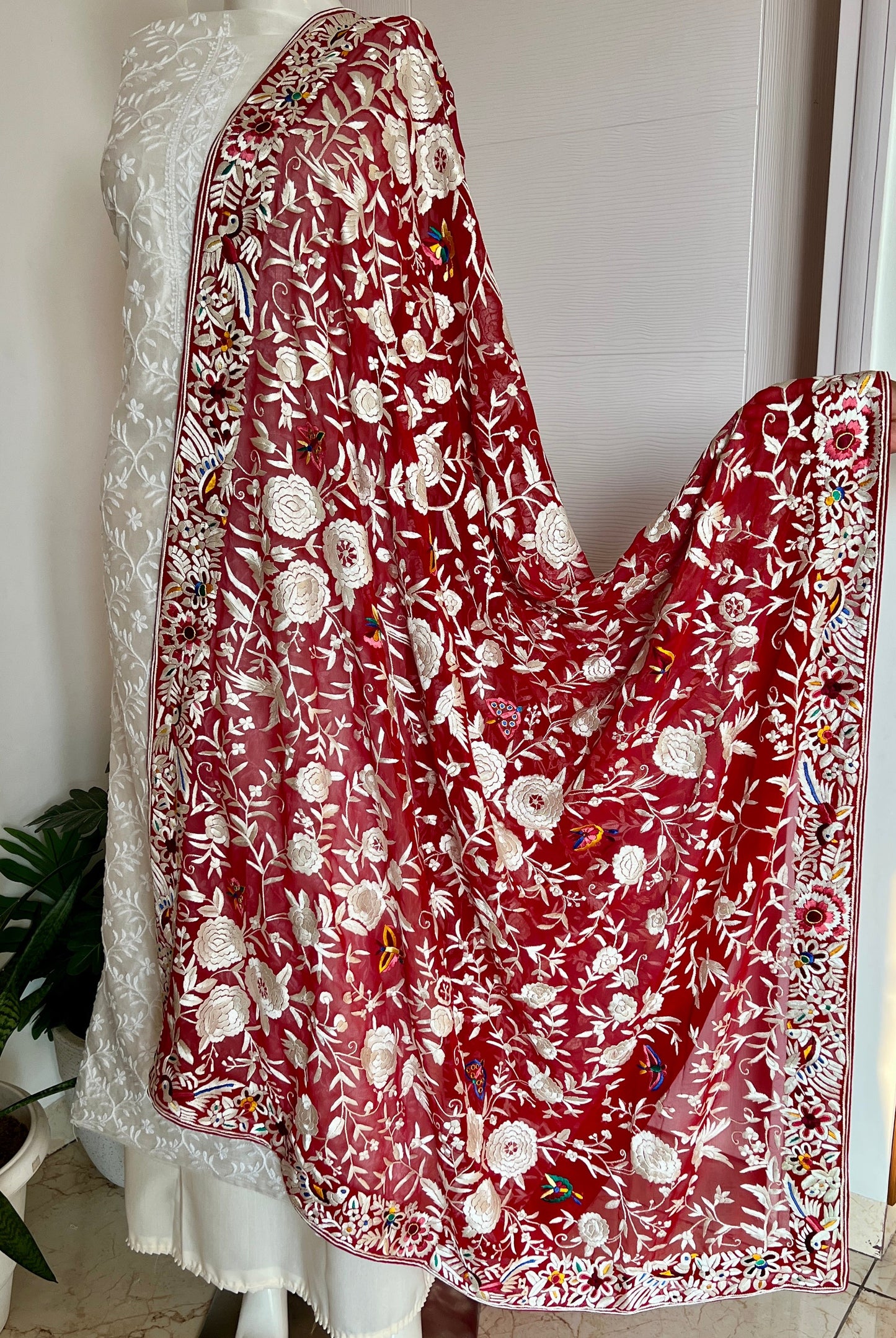 Red masterpiece Parsi Gara Dupatta Hand Embroidered