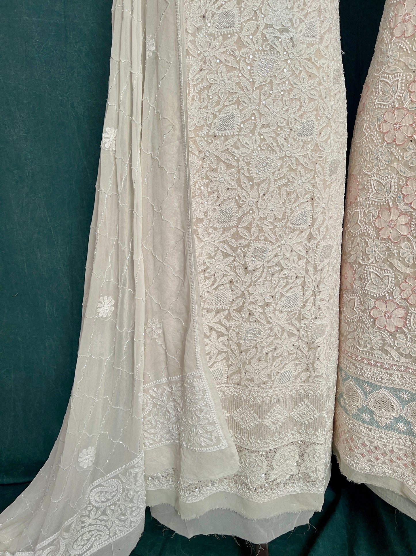 Ivory Chikankari pearl sequins cut Dana work kurta and dupatta