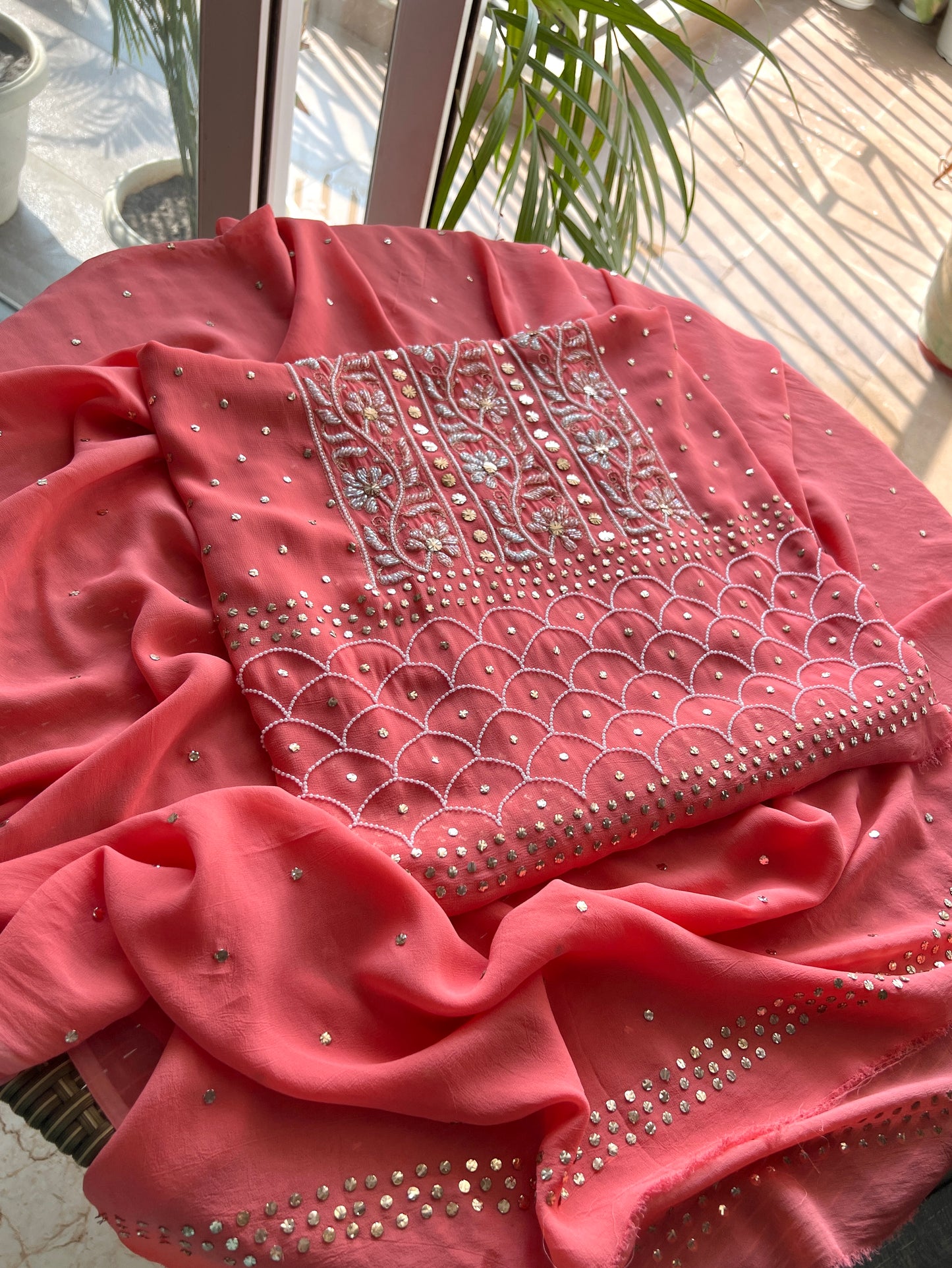 Coral peach mukaish pearl and cut Dana work Kurta and Dupatta