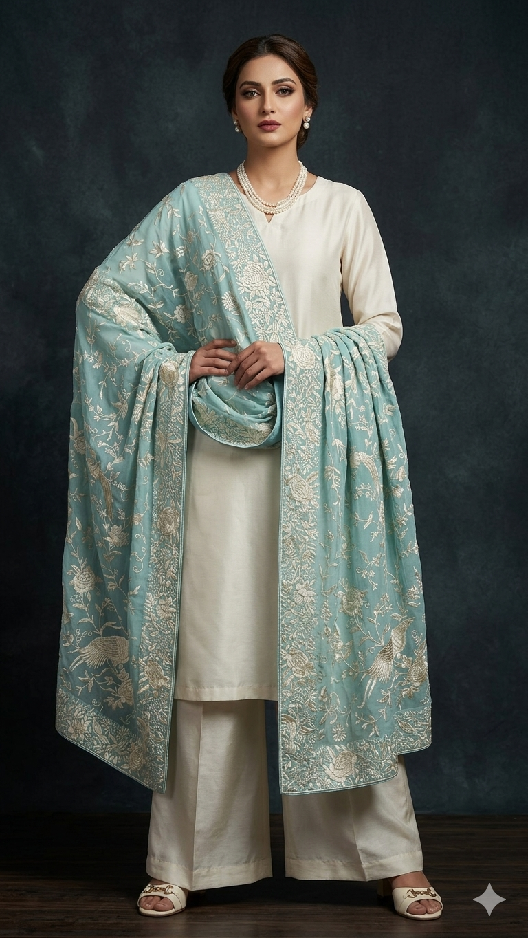 Firozi Masterpiece Parsi Gara Hand Embroidered Dupatta