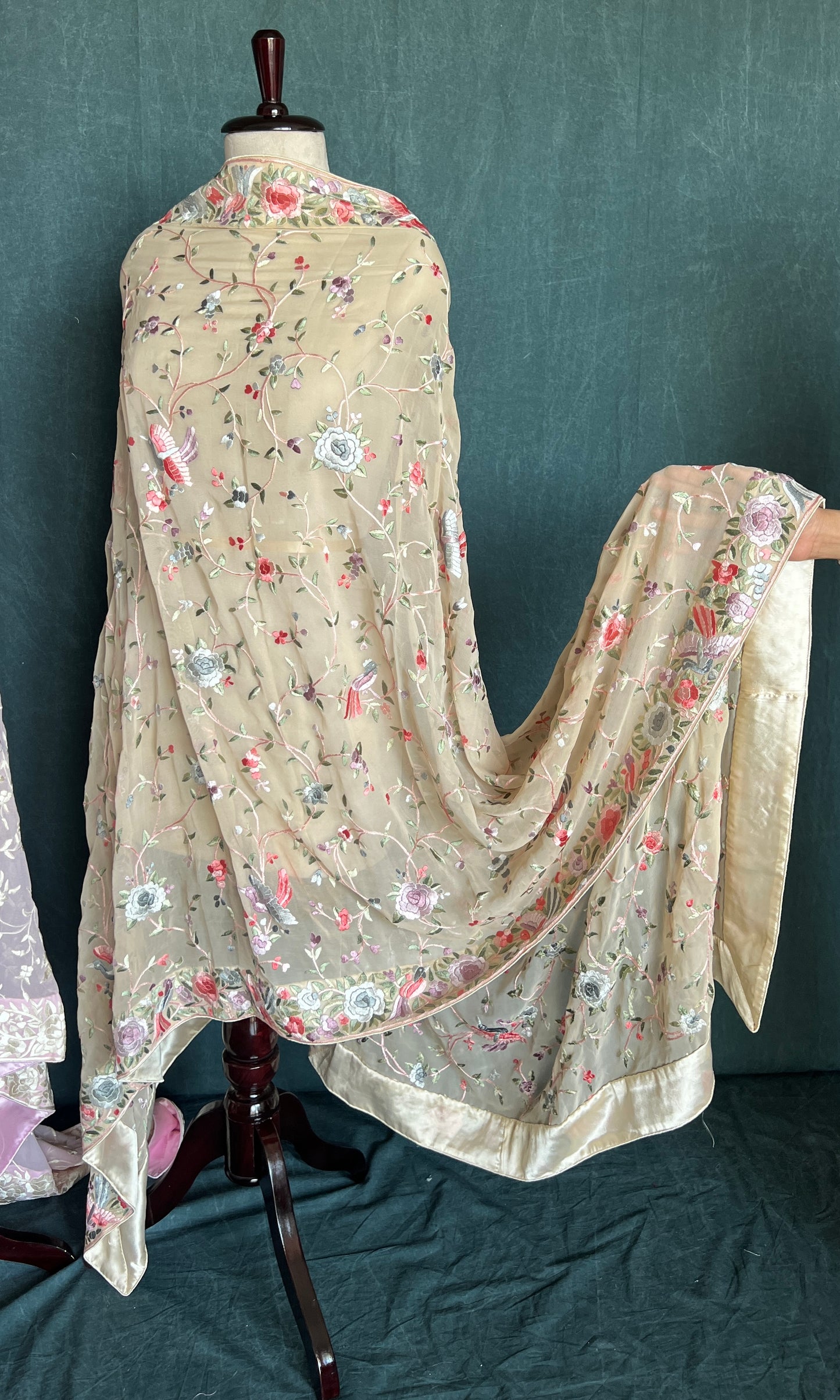 Beige Parsi Gara Hand Embroidered Dupatta