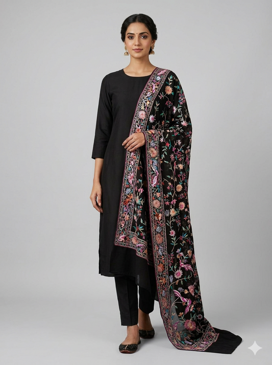 Black and Multicolored Masterpiece Parsi Gara Hand Embroidered Dupatta