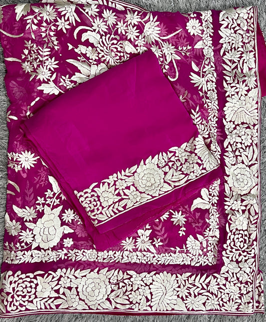 Hot Pink Masterpiece Hand Embroidered Parsi Gara full Suit