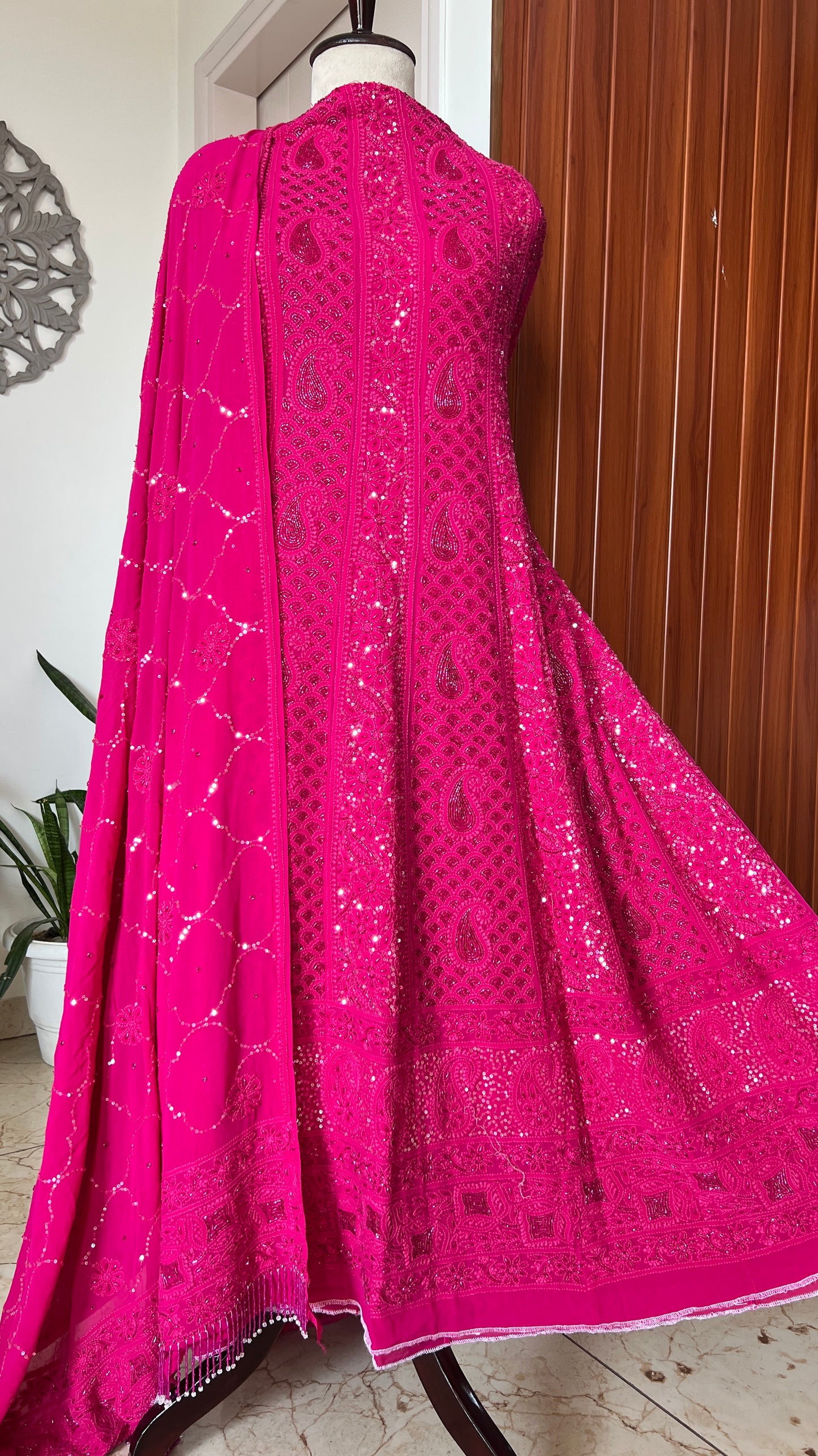 Ruhani Fuchsia Pink Chikankari sequins cut Dana Anarkali