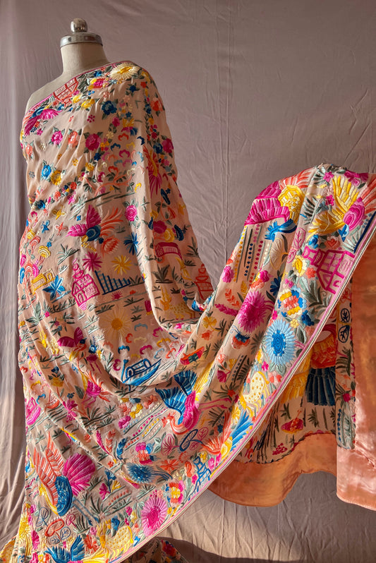Flora and Fauna Parsi Gara Allover Hand Embroidered Saree on Pure Crepe