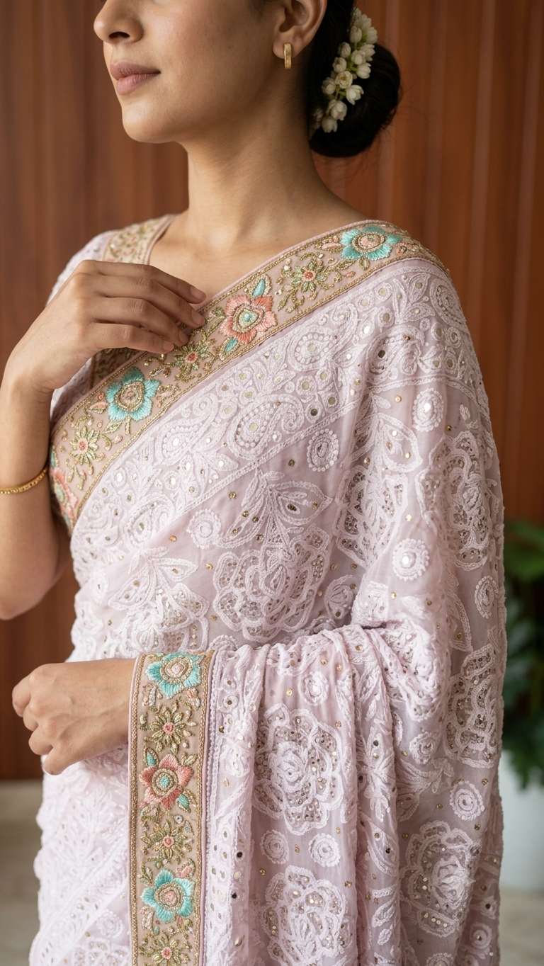 Ruhani Dusty Pink Chikankari and Mukaish Saree with designer border