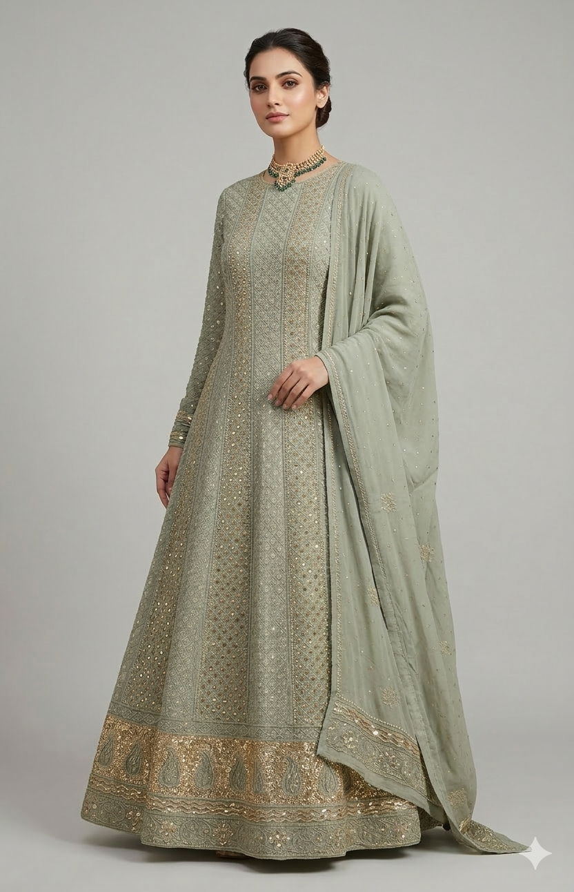 Ruhani Sage green Chikankari Sequins and Cut Dana Anarkali
