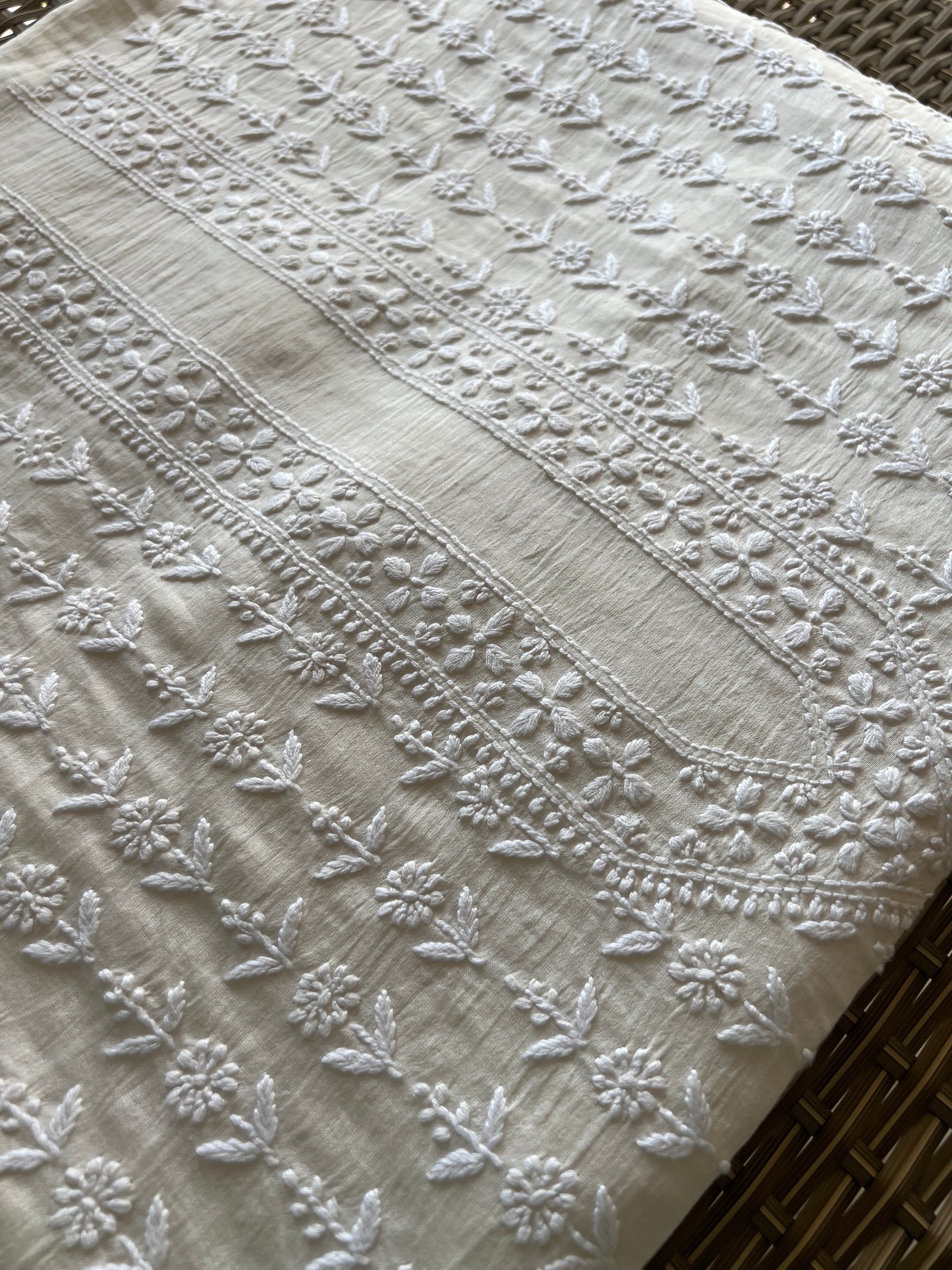 Ivory Chanderi Silk Men's Kurta fabric with fine Chikankari