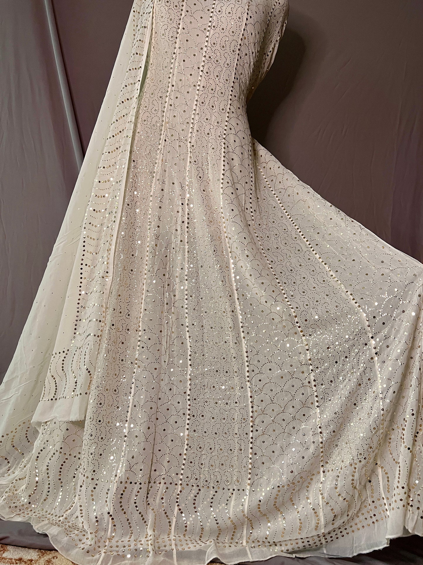 Ivory designer Mukaish Georgette Anarkali with Dupatta
