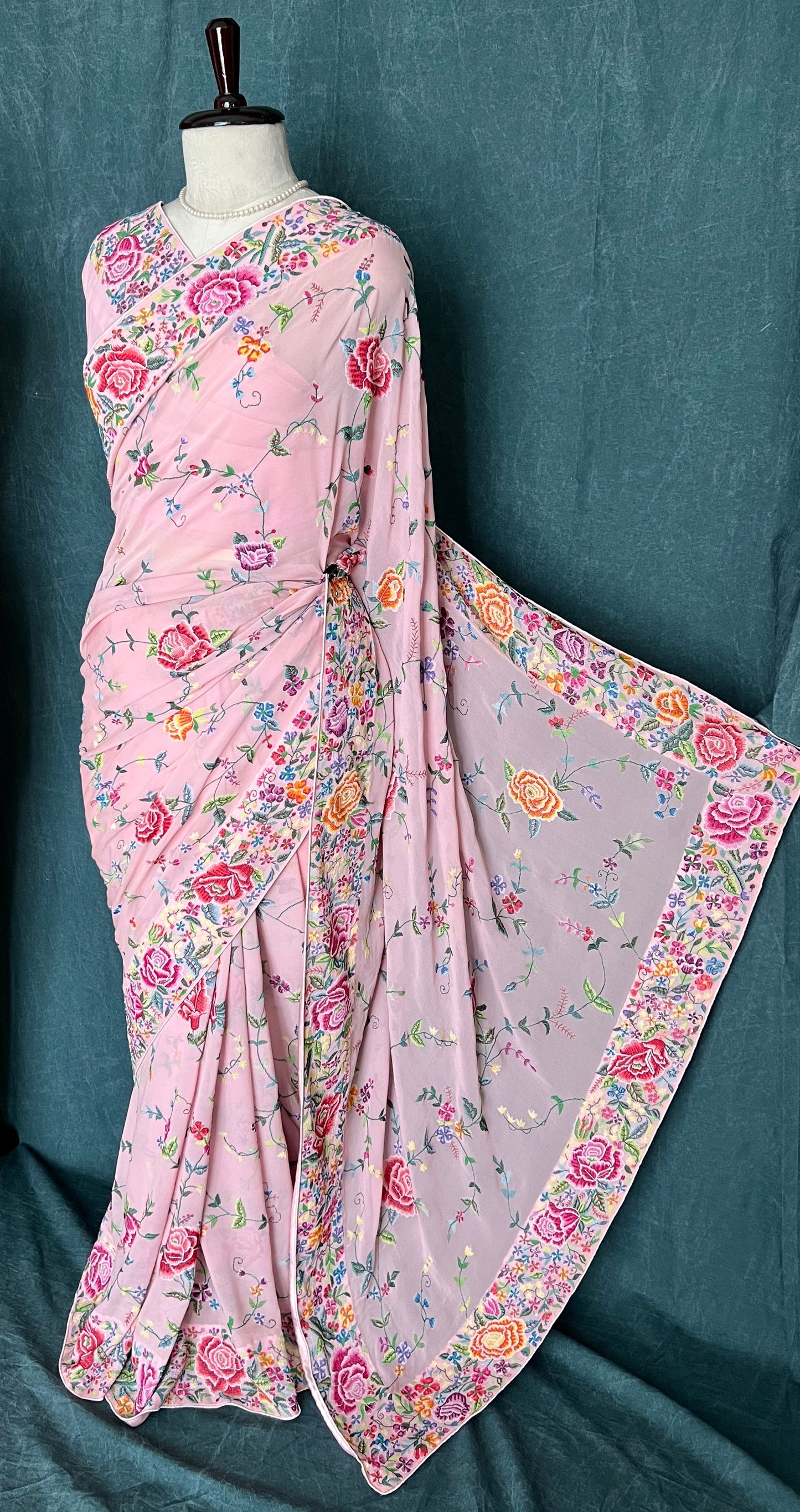 Blush Pink Masterpiece Petit Point Hand Embroidered Saree