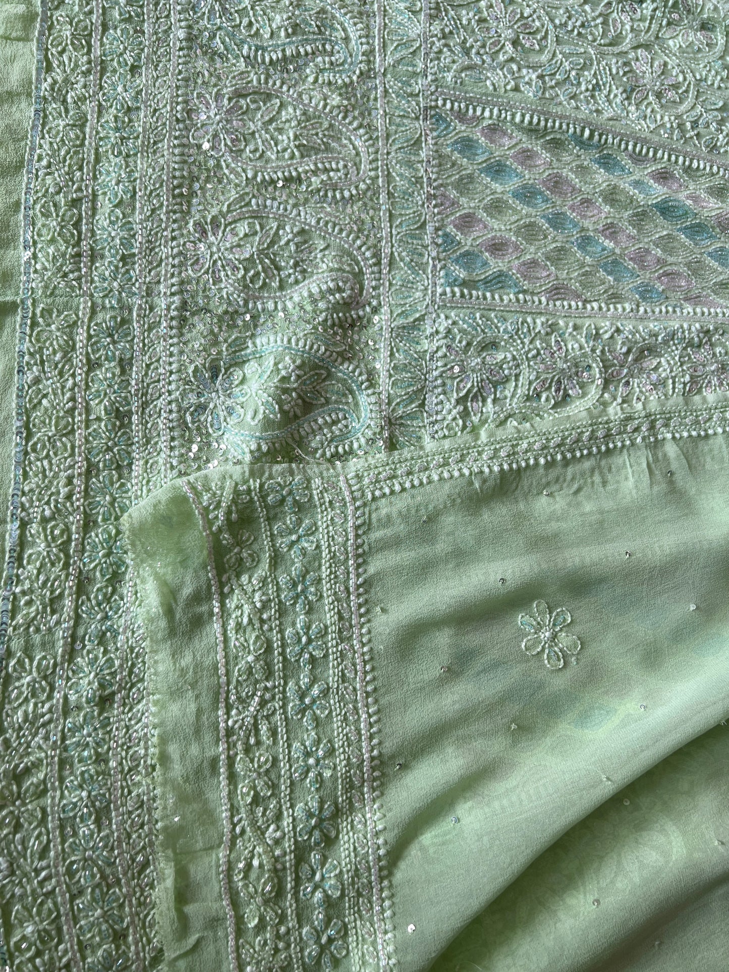 Bright Pista Green Chikankari multi hued Cut Dana and Sequins Anarkali