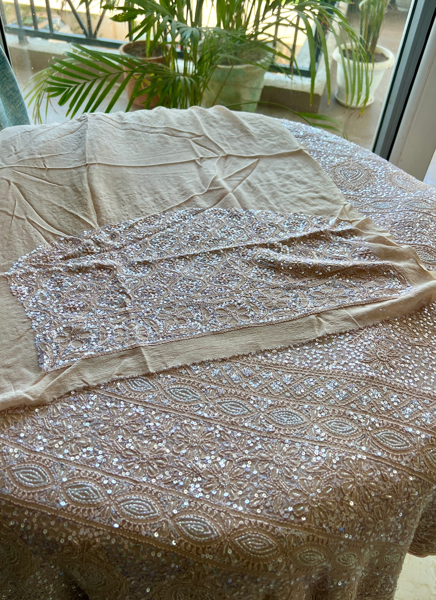 Ruhani Beige Chikankari Sequins Cut Dana Embroidered Masterpiece Saree