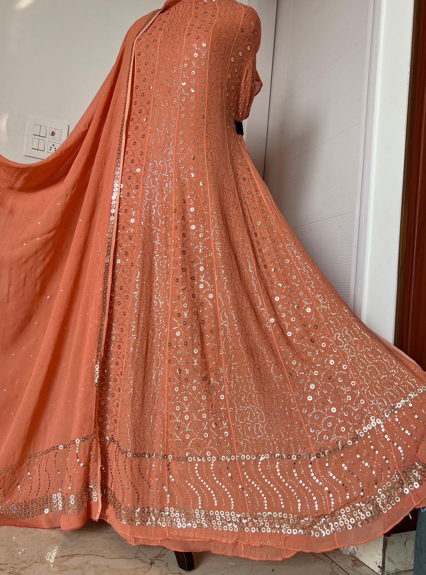 Old Rose Peach designer Mukaish Georgette Anarkali with Dupatta