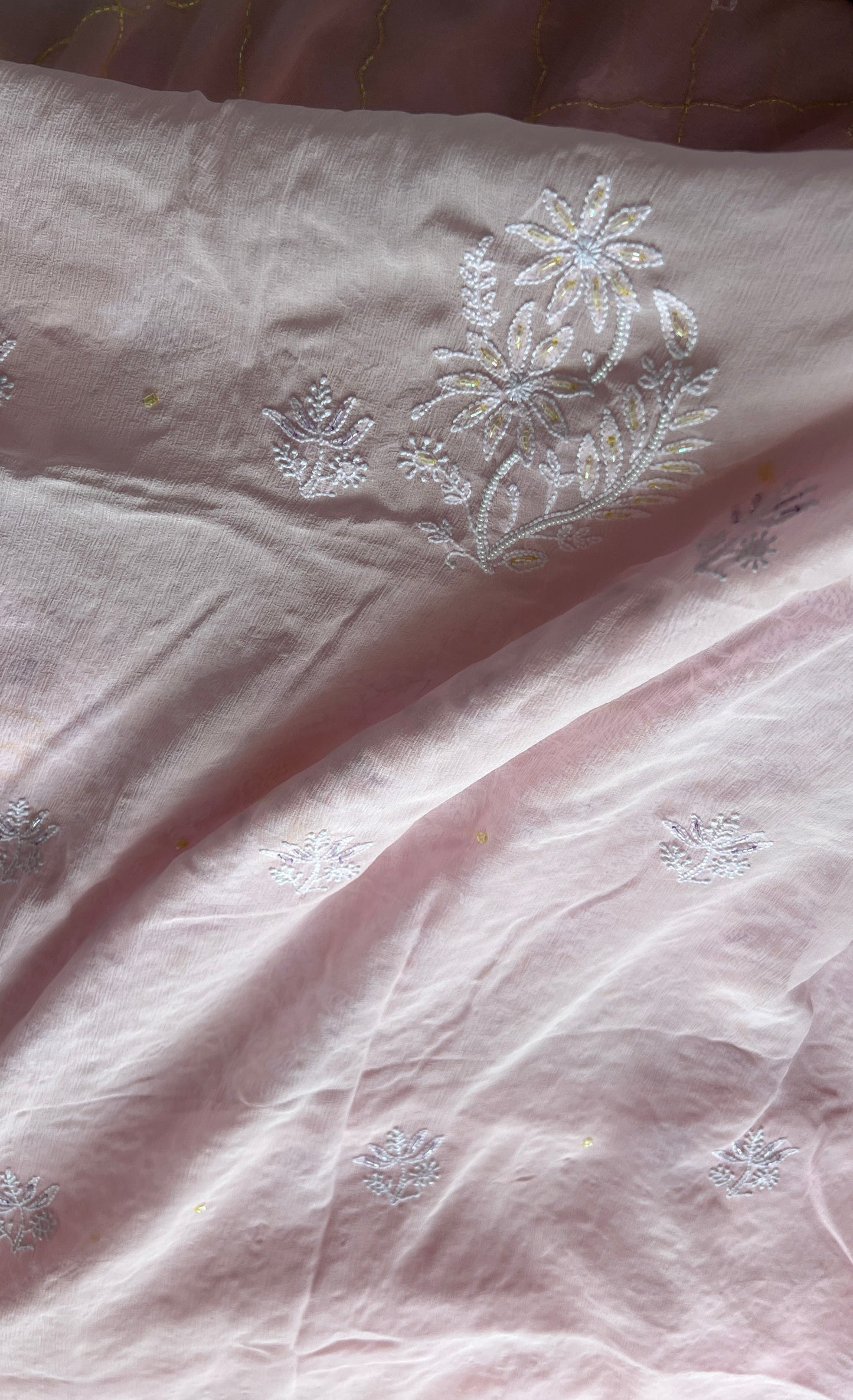 Ruhani Pink pure chiffon Chikankari cut dana and sequins kurta and dupatta