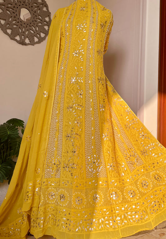 Yellow Chikankari pearl and Gota Patti Anarkali