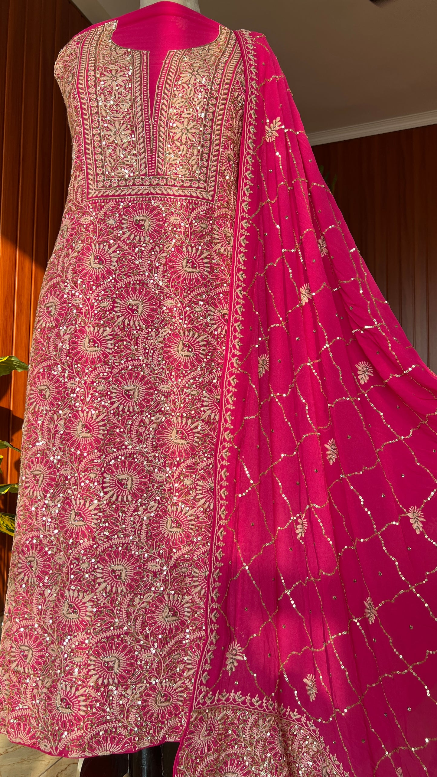 Suhaan Rani Pink 3 taar Chikankari kurta with heavy sequinned dupatta