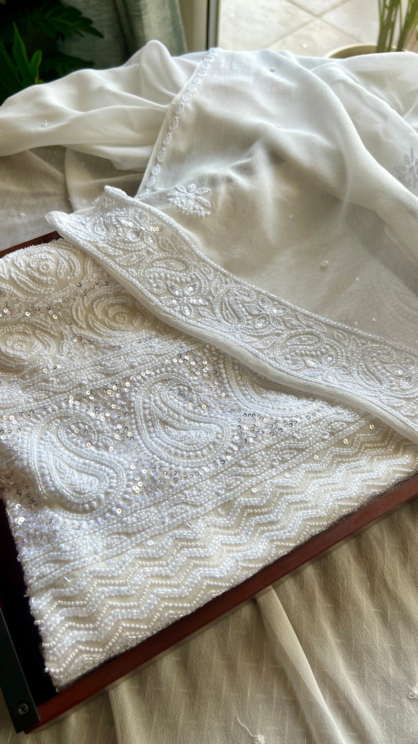 White fine Chikankari Pearl and sequins Embroidered Kurta and Dupatta